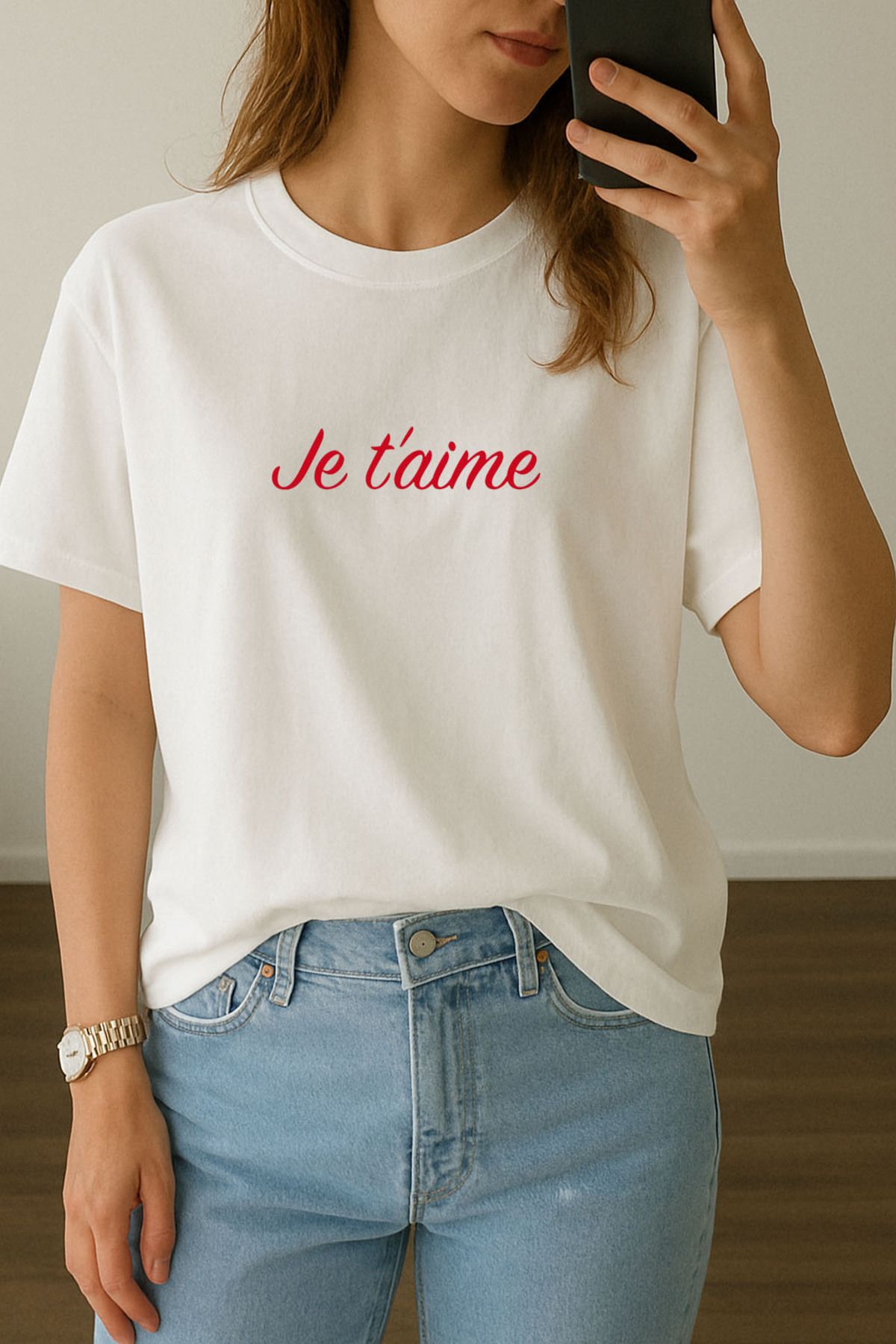 sielta Kadın je t'aime Baskılı Bisiklet Yaka Oversize Beyaz Tişört T-shirt