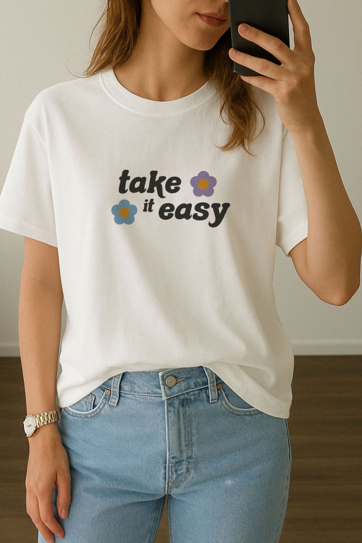 sielta Kadın Take Easy Sakin Ol Baskılı Bisiklet Yaka Oversize Beyaz Tişört T-shirt