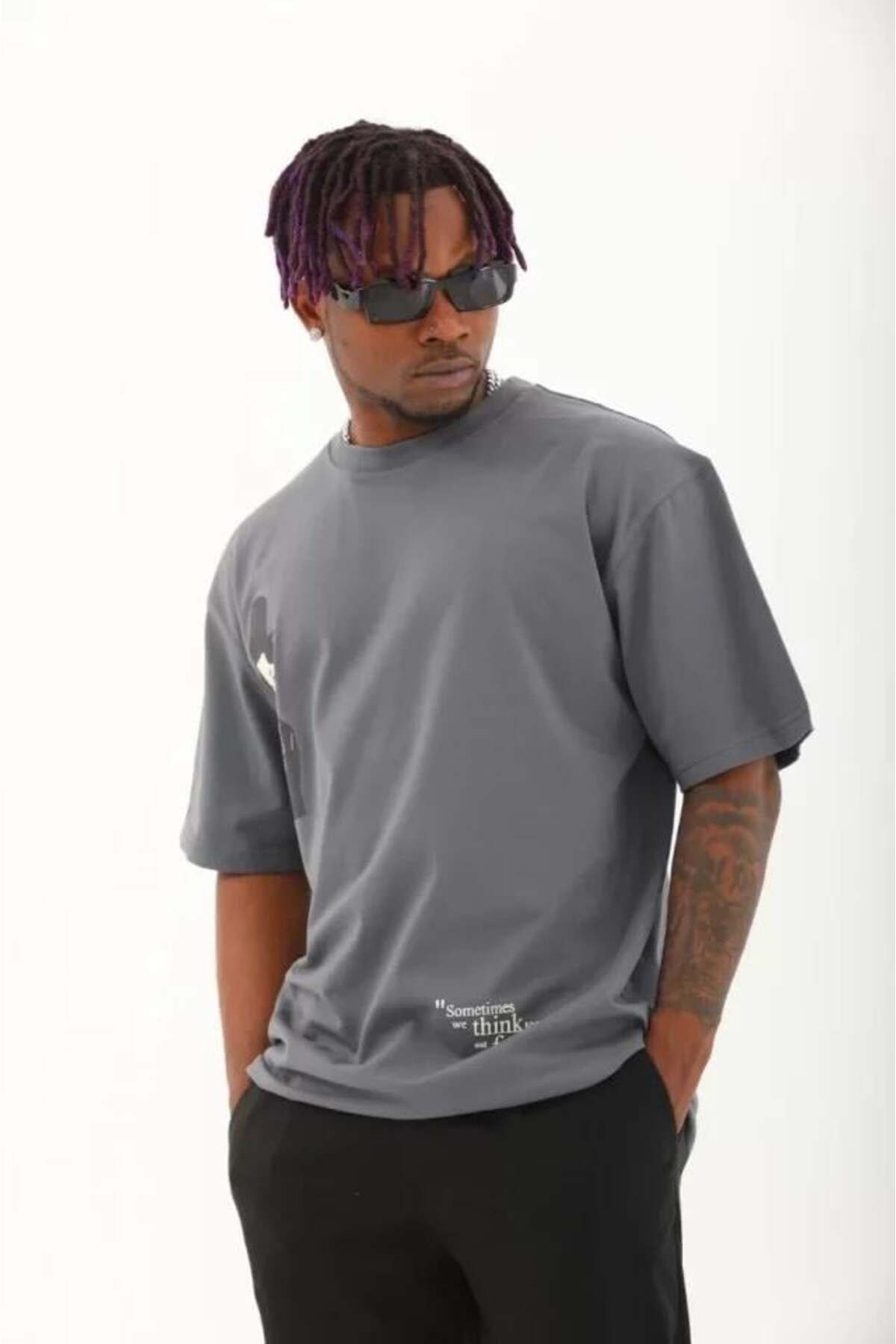 modamtn Unisex Oversize Baskılı Bisiklet Yaka T-Shirt - Füme