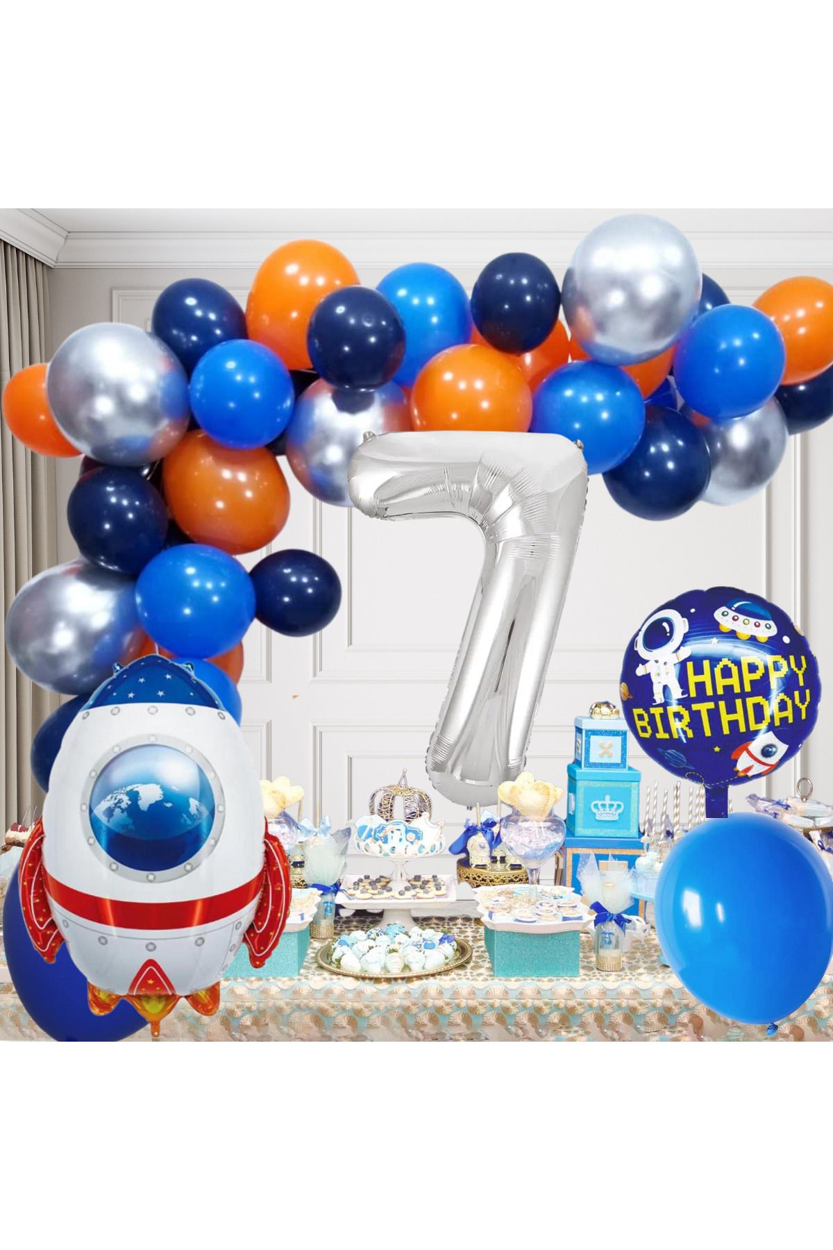 tedaks 7 Yaş Uzay Temalı Doğum Günü Seti Uzay Mekiği Happy Birthday Yazı Renkli Balonlar Gümüş Folyo Rakam