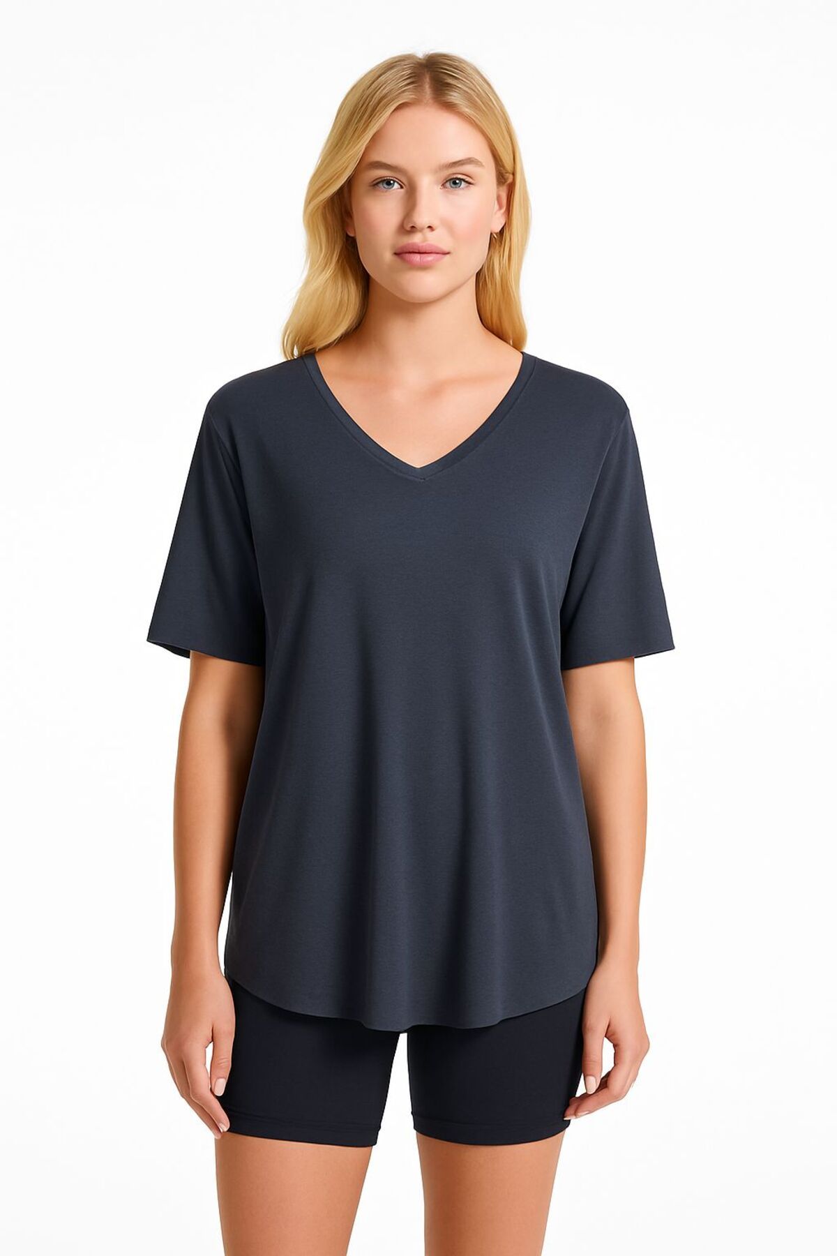 VibeGaia Unisex Modal Kumaş V Yaka Kesik Kol Salaş Fit Basic Tişört