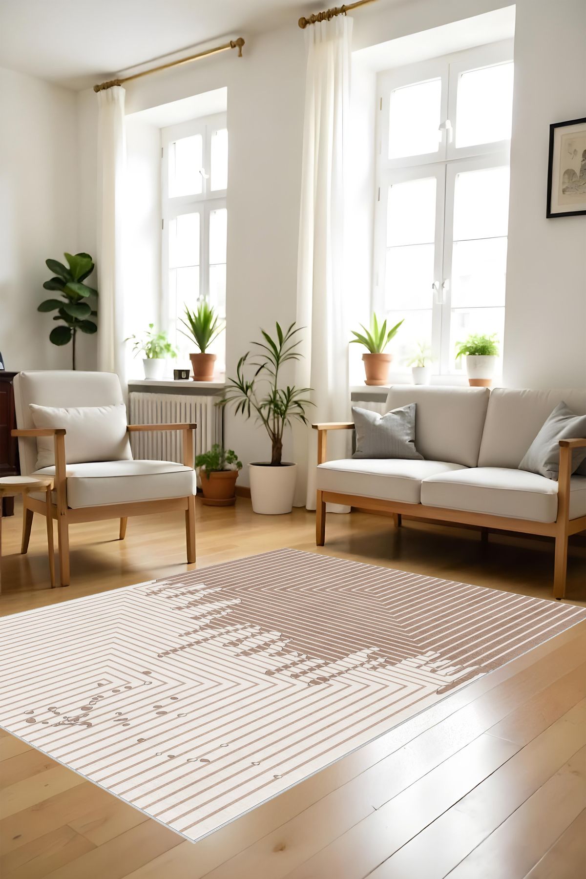 Liriya Dijital Baskı Modern Çizgili Krem Kahve Dekoratif Makinada Yıkanabilir Salon Halısı Yolluk Halısı