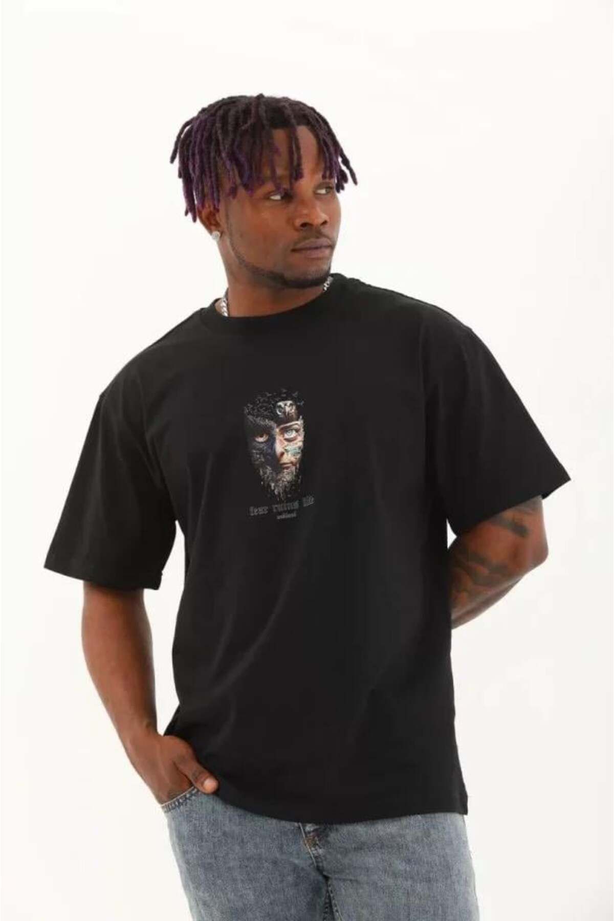 modamtn Unisex Oversize Baskılı Bisiklet Yaka T-Shirt - Siyah