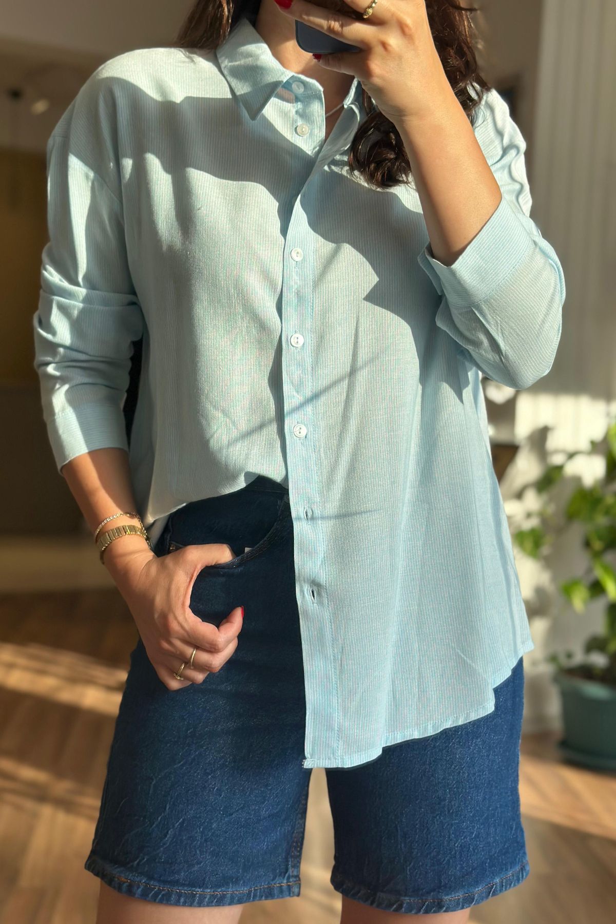 Unique Boutique Açık Mavi Çizgili %100 Pamuklu Gömlek