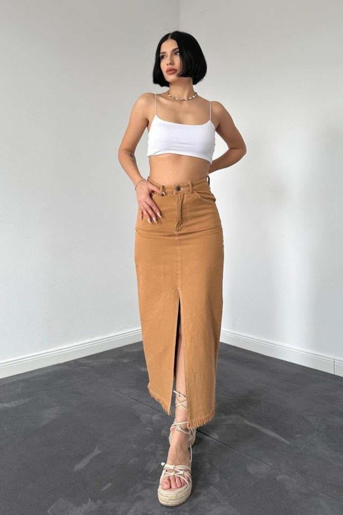 modamtn Camel Gabardin Boyamalı Püsküllü Etek