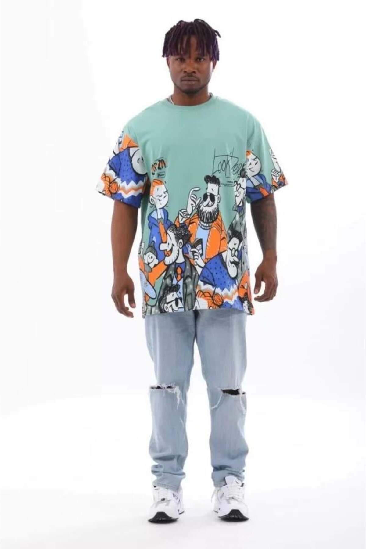 modamtn Unisex Oversize Baskılı Bisiklet Yaka T-Shirt - Mint Yeşili