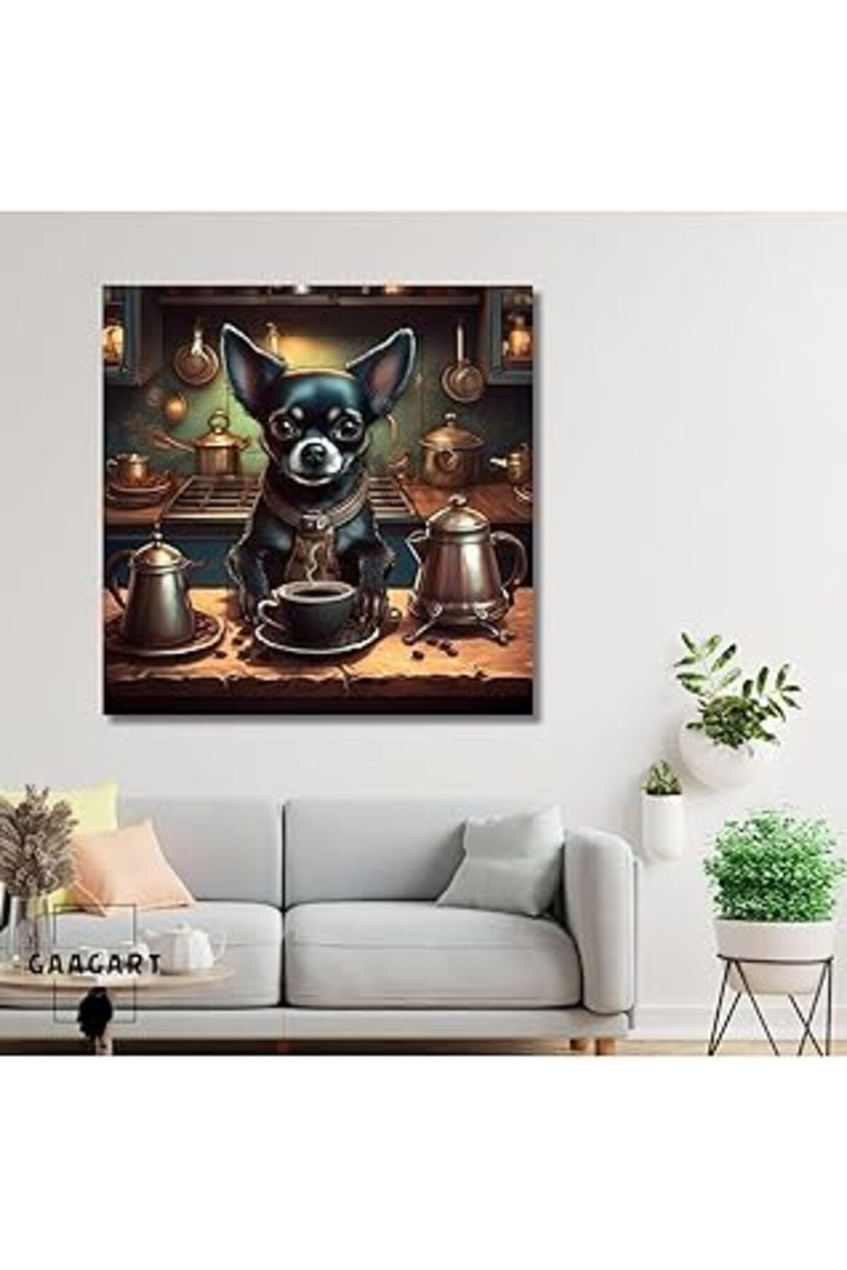 Pazarcan Gaagart Kanvas Kahve Köşesi Cafe Tablosu Barista Siyah Chihuahua, 70 X 70
