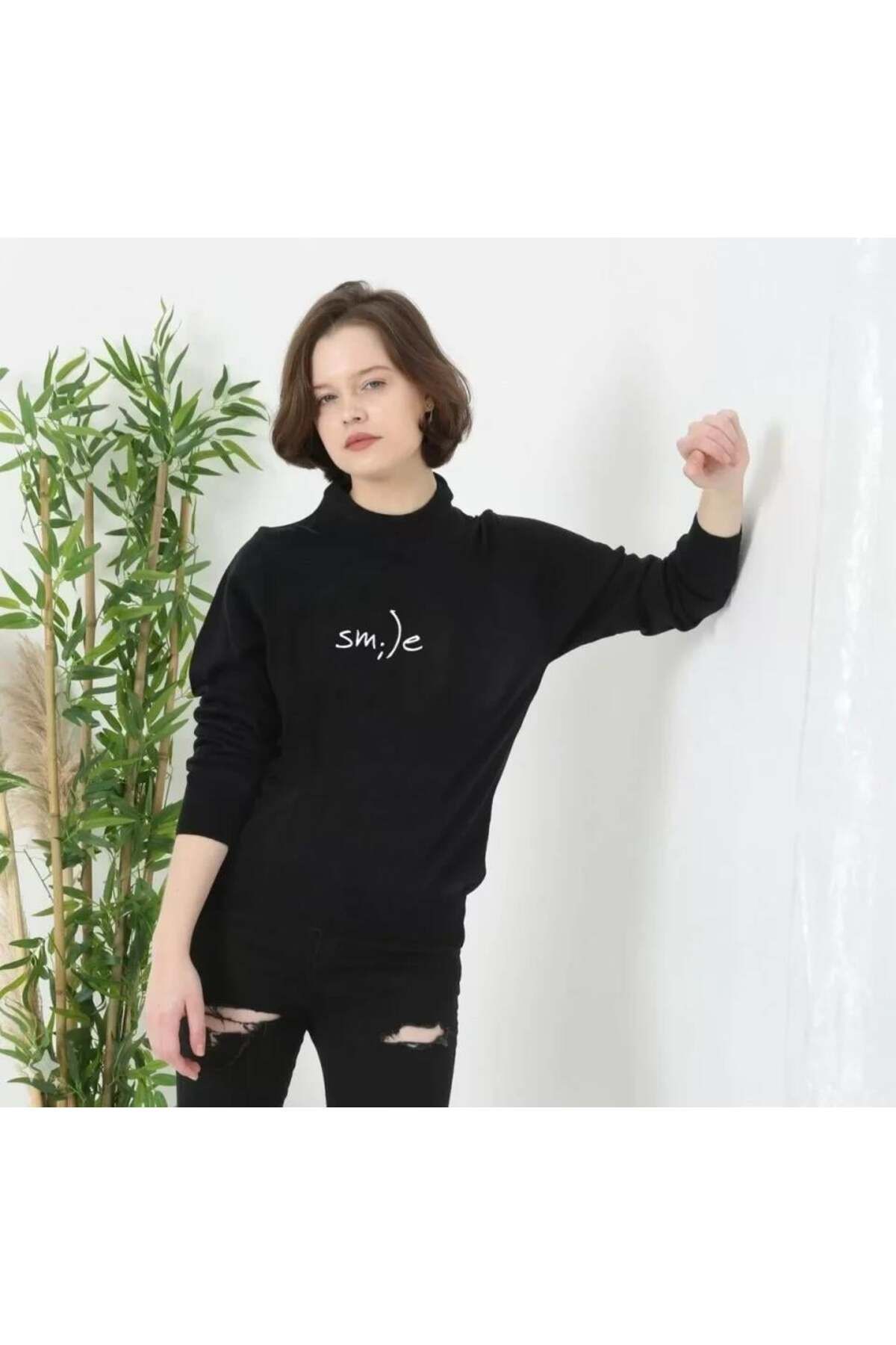 modamtn Unisex Bisiklet Yaka Baskılı Dokuma Triko - Siyah