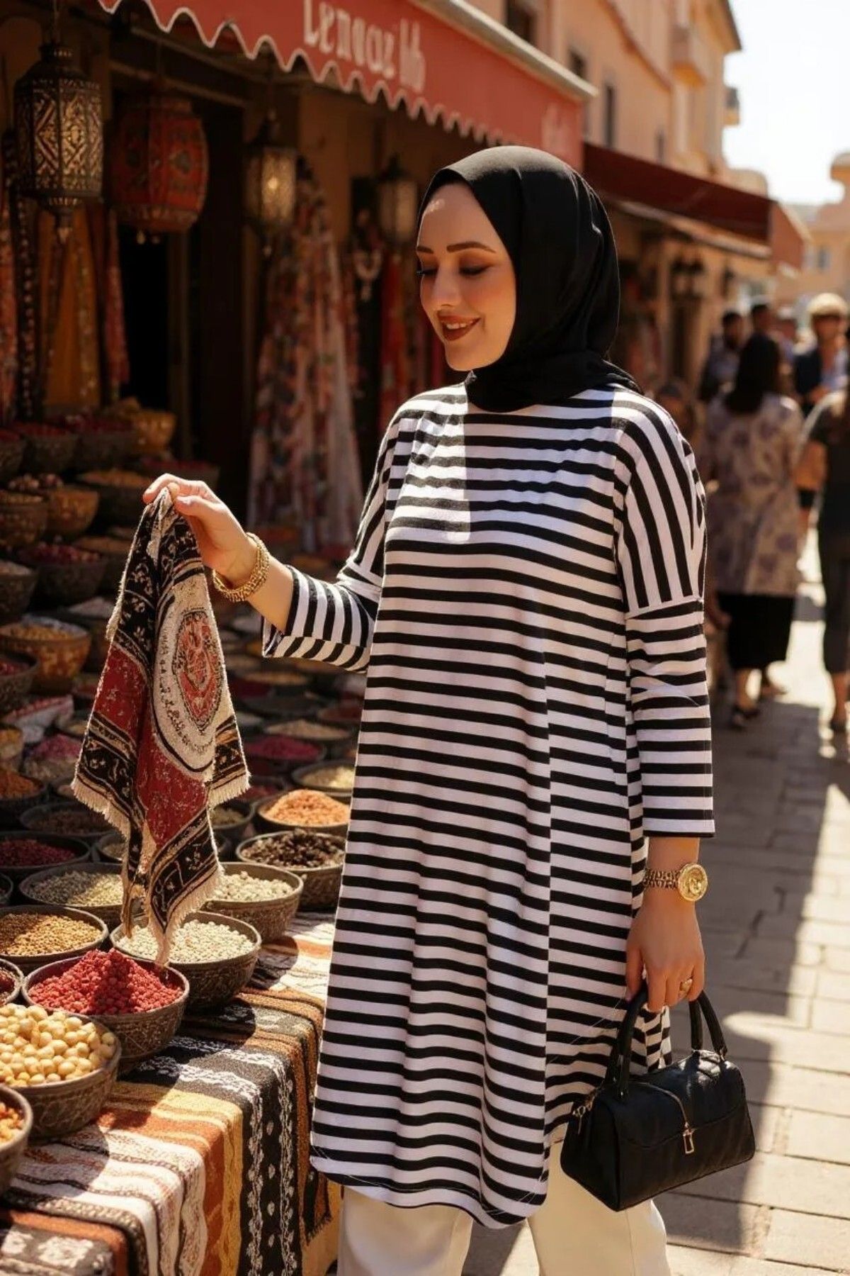 Cochines Kadın Tesettür Tunik Elbise Beyaz Siyah Çizgili Penye Tunik