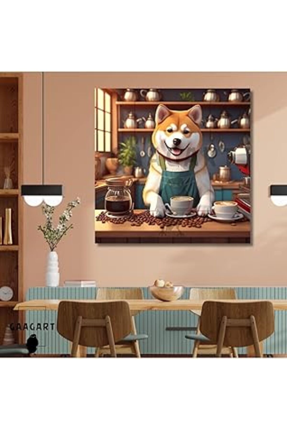 Pazarcan Gaagart Kanvas Kahve Köşesi Cafe Tablosu Barista Japon Akita Köpek, 70 X 70