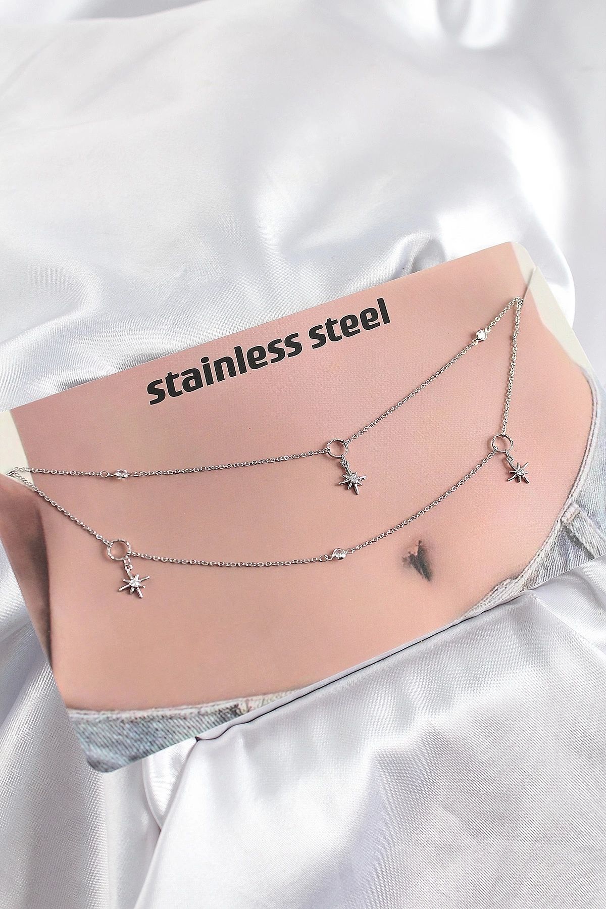 Clariss 316L Çelik Zirkon Taşlı Kutup Yıldızı Model Gümüş Renk Göbek Zinciri