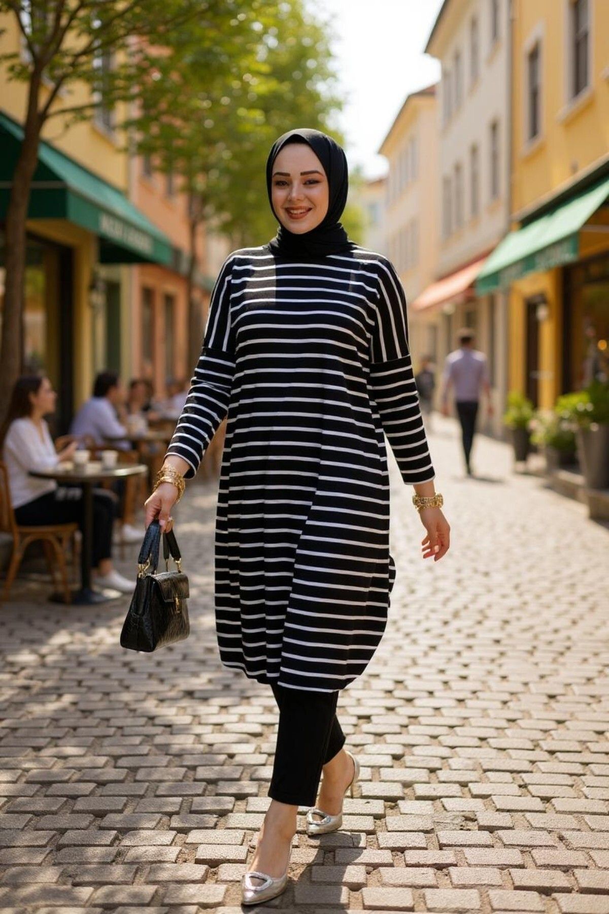 Cochines Kadın Tesettür Tunik Elbise Siyah Beyaz Çizgili Penye Tunik