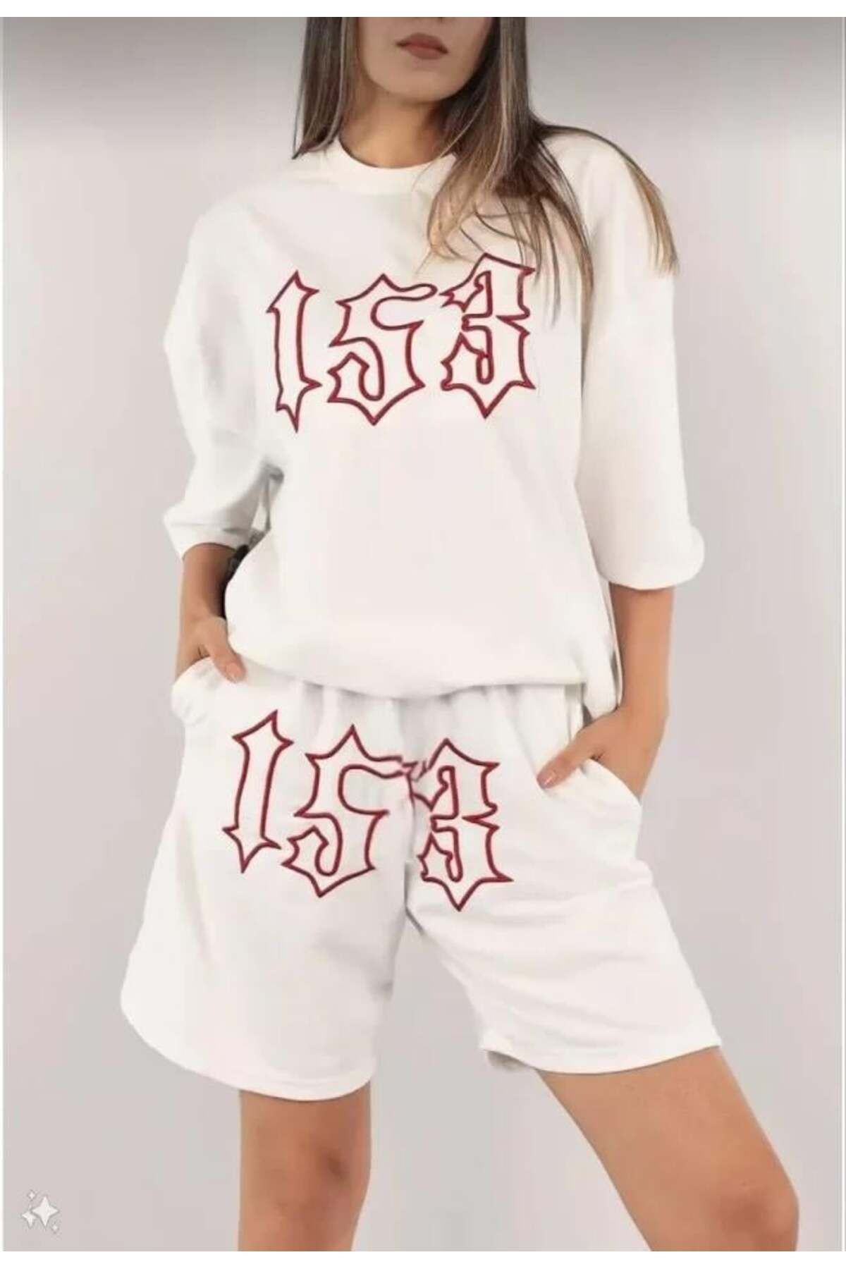 modamtn Unisex Nakış İşlemeli Şort Takım - Beyaz