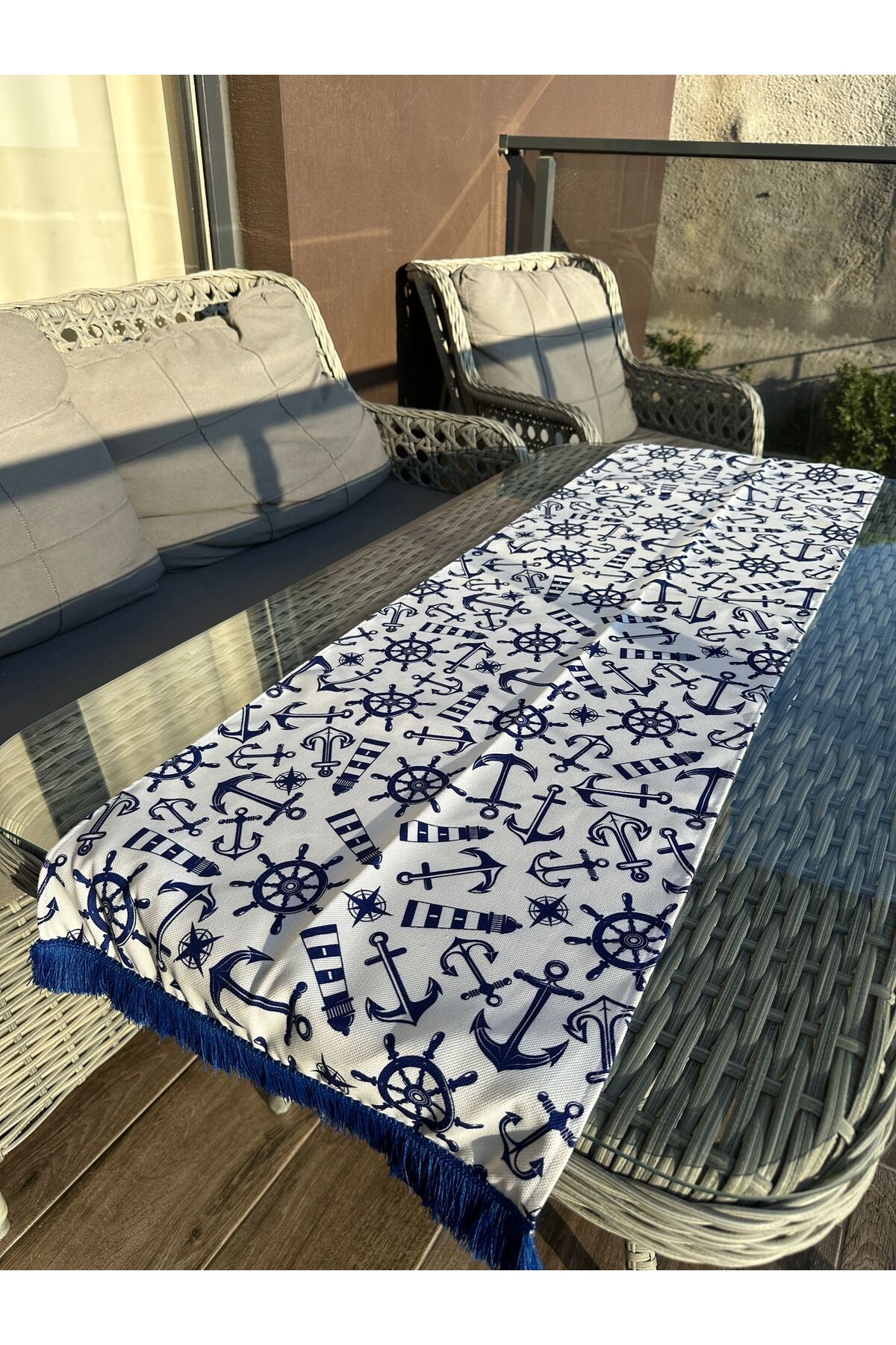 Karam Home 135X43 cm Püsküllü Deniz Çapa Desen Runner