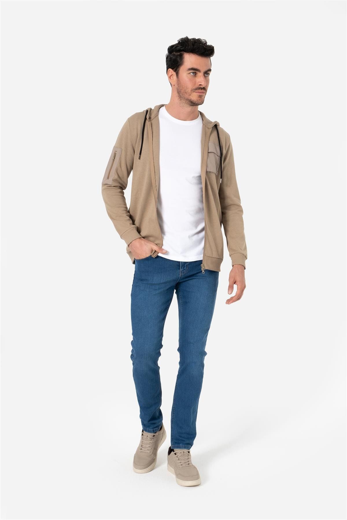 Brothers ERKEK RAHAT KESİM KAPÜŞONLU CEP DETAYLI ÇİFT TARAFLI FERMUARLI SWEATSHIRT JORDAN VİZON B06.