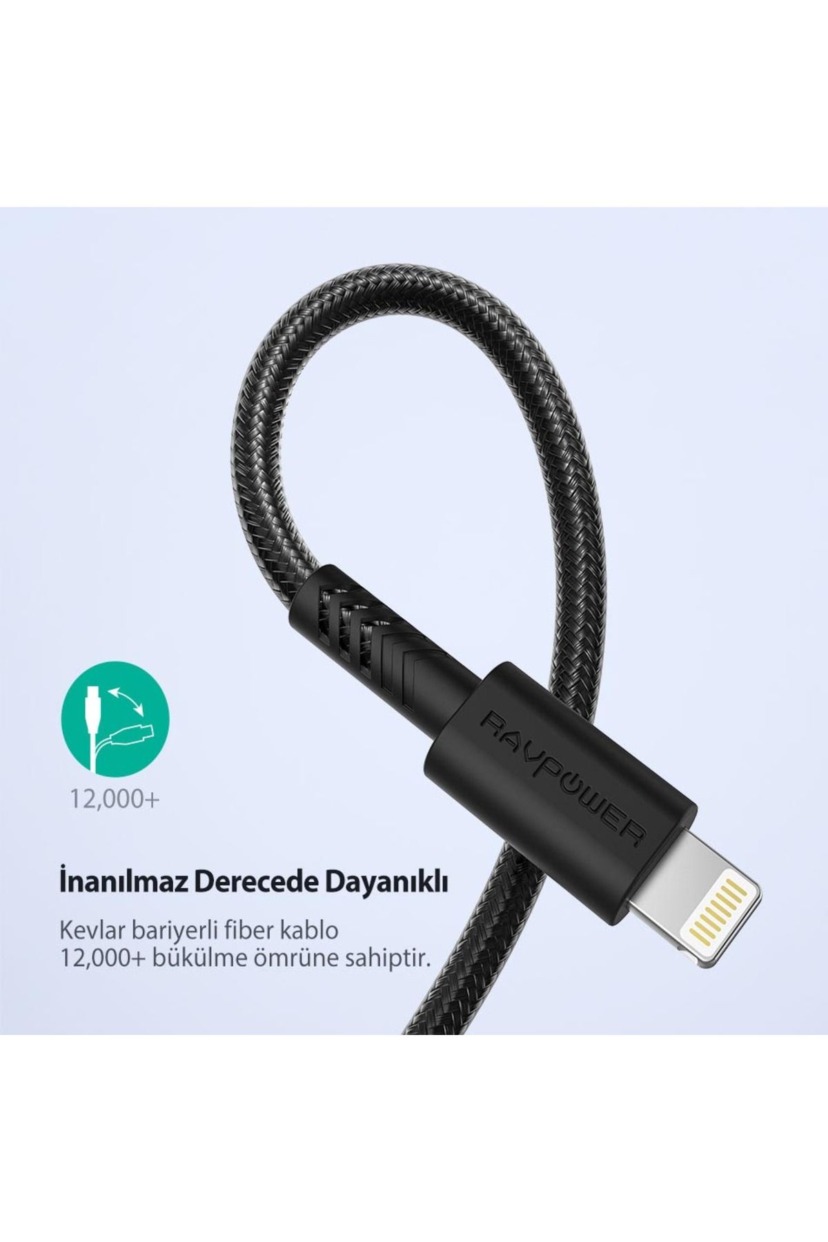İKTUNING RAV Power USB Lightning Kablo Kevlar Örgü Siyah Naylon Kordon (30 cm) Araçlara Özel Exclusive Üretim