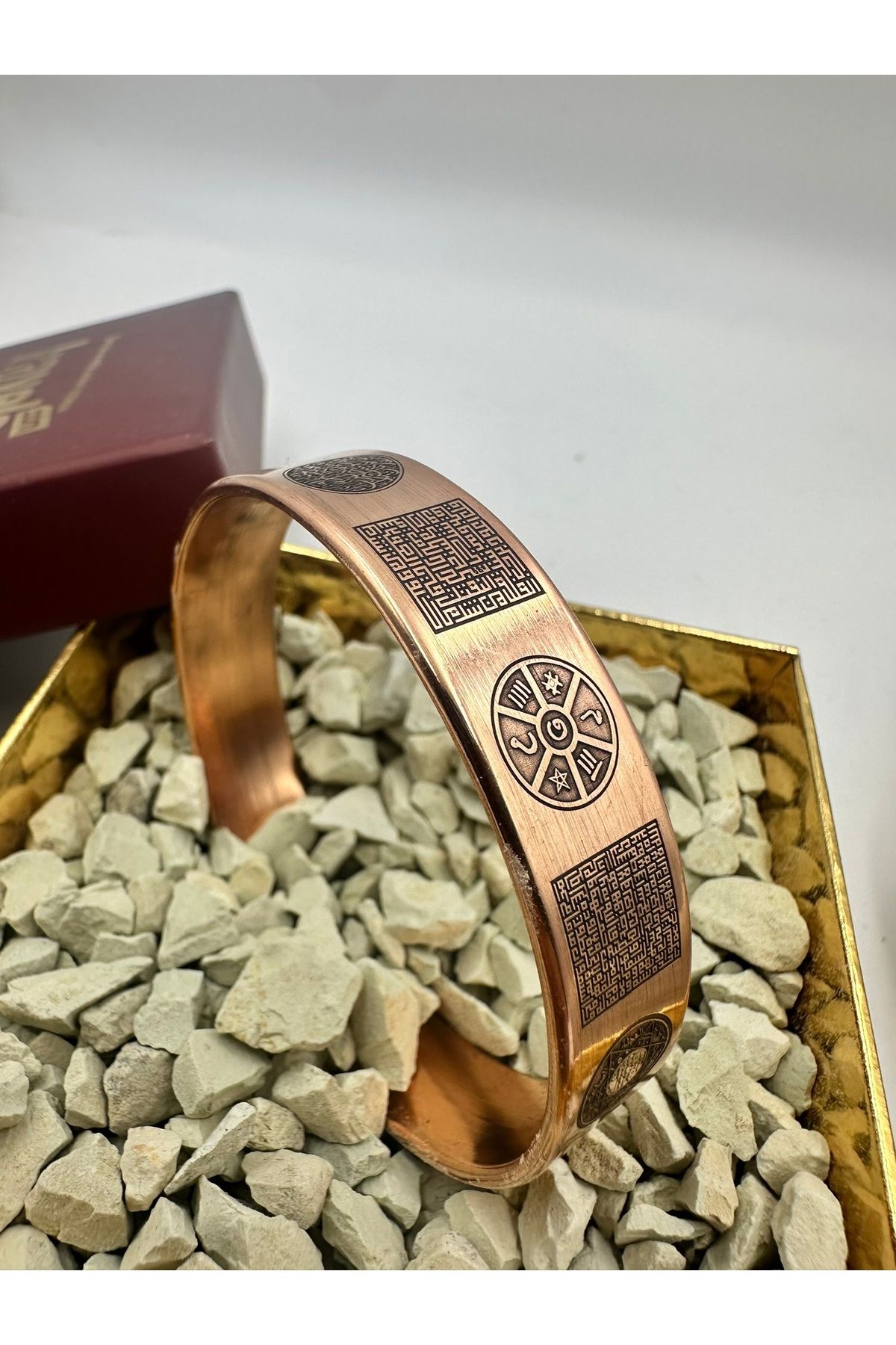 KAVELE Ham Saf Bakır Full Koruma Zırhlı Kufi Özel Zeolit Kumlu Bileklik 17 Cm 35-40gr