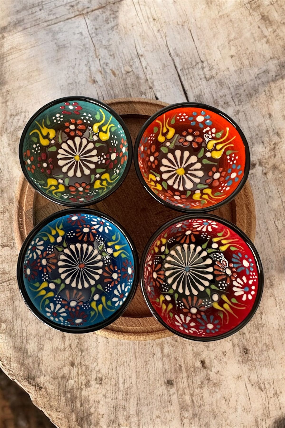 Home Renkli Çini Desenli 4'lü Çerezlik Seti El İşçiliği Reçellik 5 cm Sosluk Kase