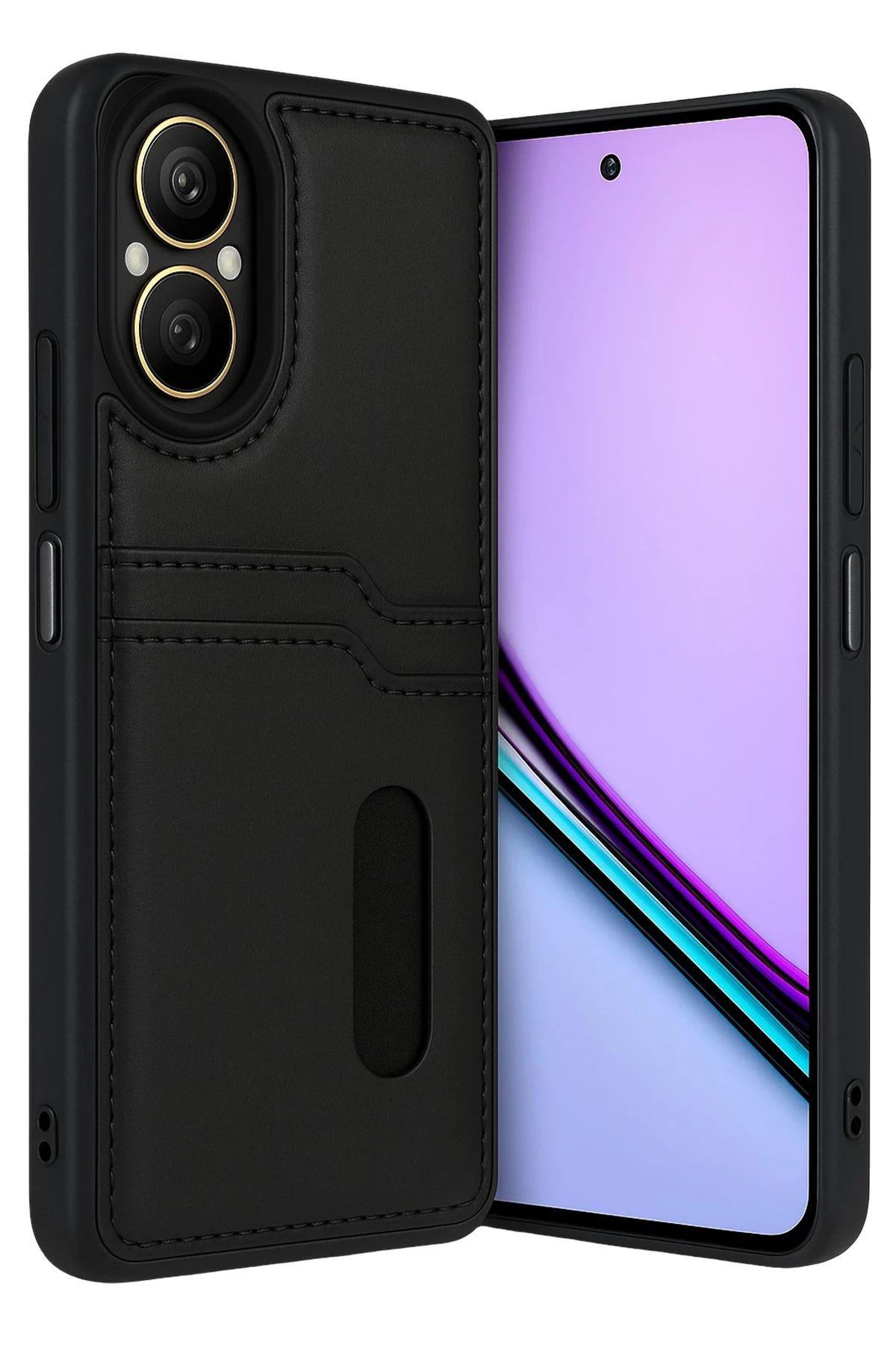 cepmoda Realme 12 LiTE | SARA Kartlıklı Telefon Kılıfı Lüx Deri Kaplama Arka Kapak | SİYAH
