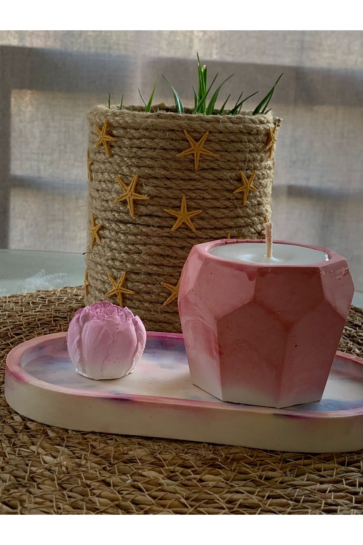 T M DESIGN HOUSE 3lü Sarı Özel Tasarım Mum ve Vazo Aksesuar