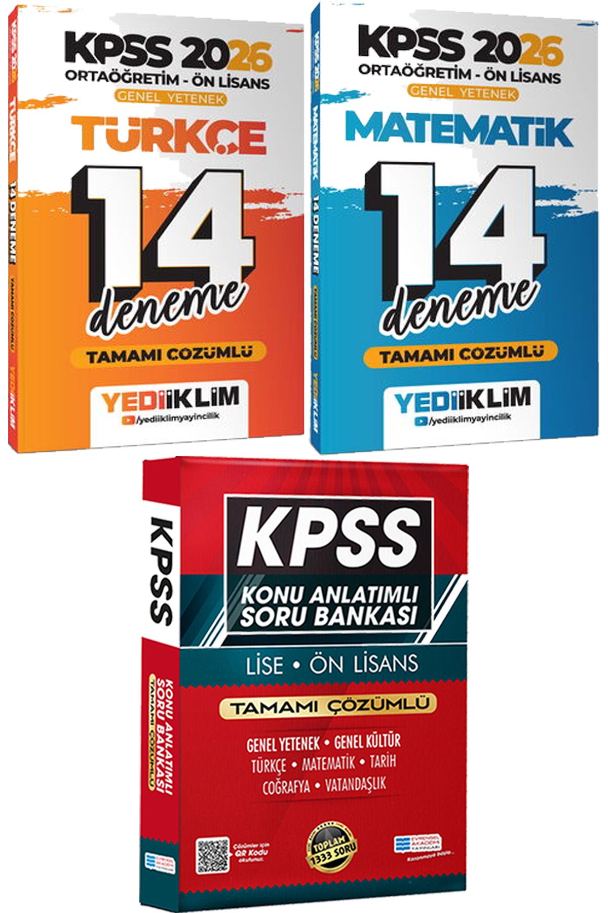 Yediiklim Yayınları 2026 KPSS Ortaöğretim Ön Lisans Türkçe Matematik 14 Deneme - Lise Önlisans Konu Ant. Soru