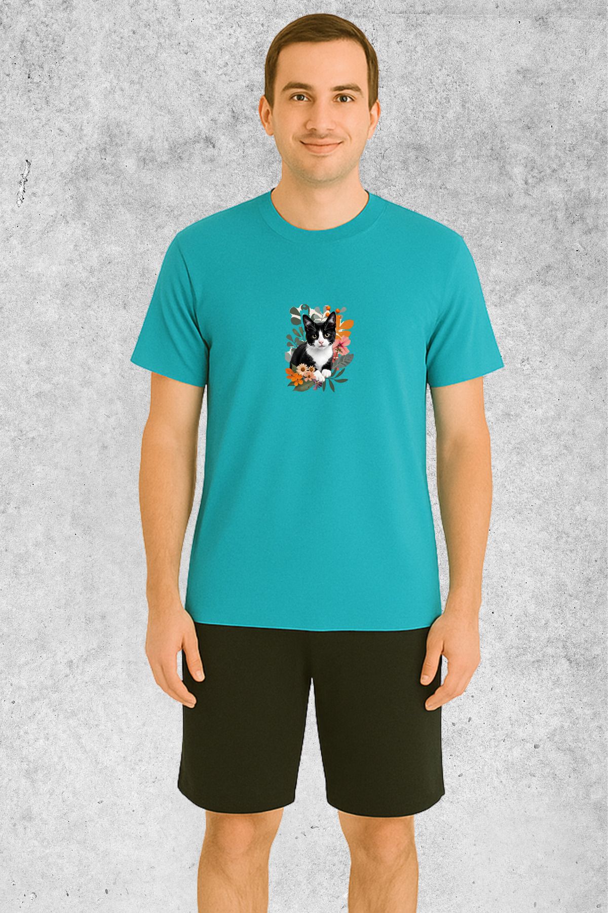 MOLICO Basic Unisex sıfır yaka kısa kollu TEKİR KEDİ BASKILI TSHİRT