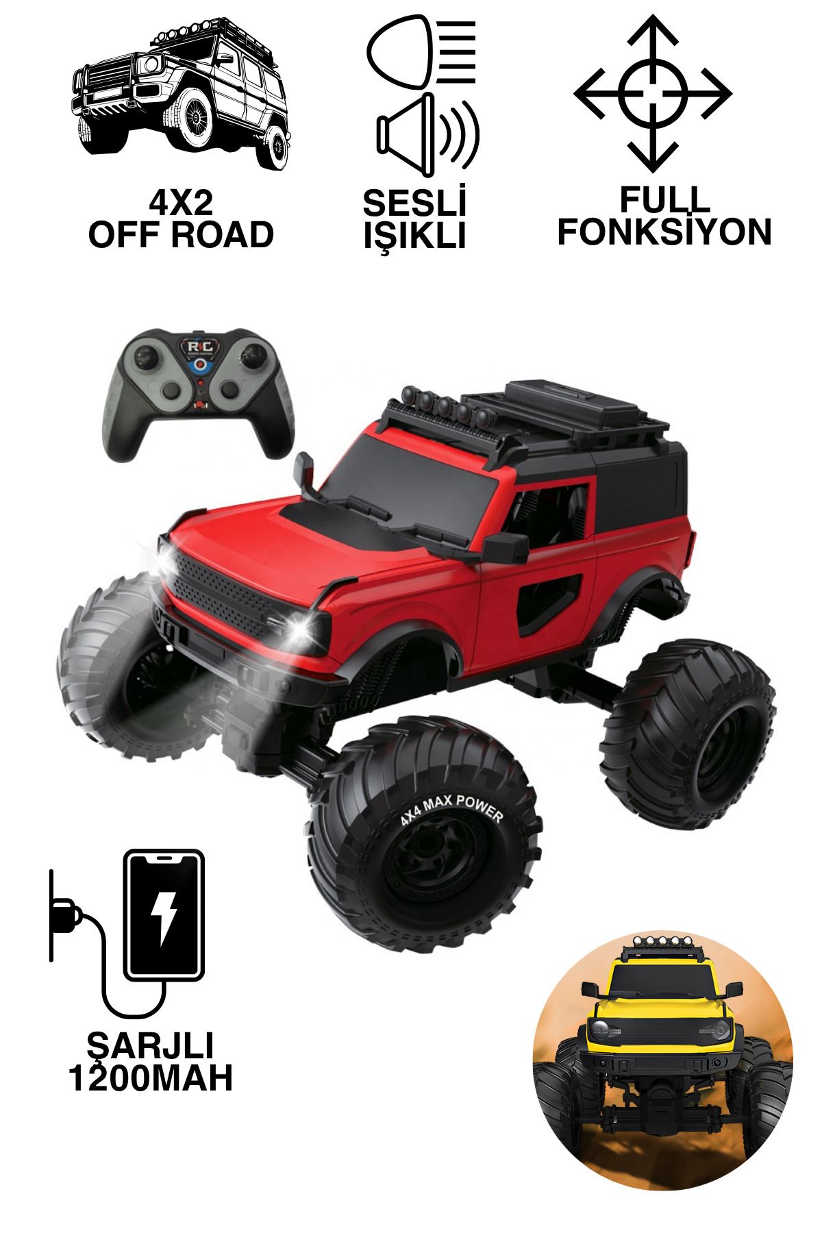giffy Uzaktan Kumandalı Dev Arazi Arabası 45 CM, Şarjlı, Işıklı, Sesli, 4X2 OFF ROAD, Dev Tekerli ,RC Araç