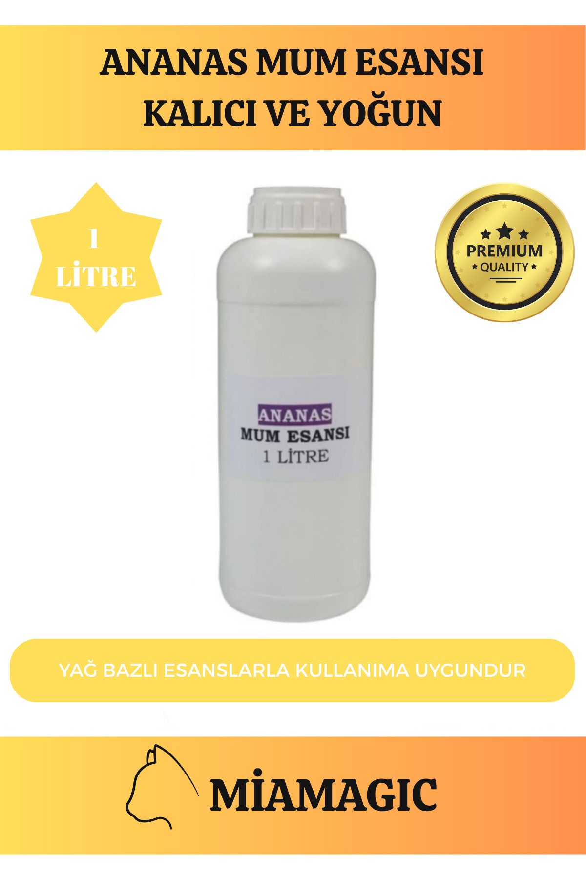 Miamagic Özel Üretim 1 LT Yoğun Yağ Bazlı Tüm Ürünlerle Kullanıma Uygun Kalıcı Ananas Mum Esansı