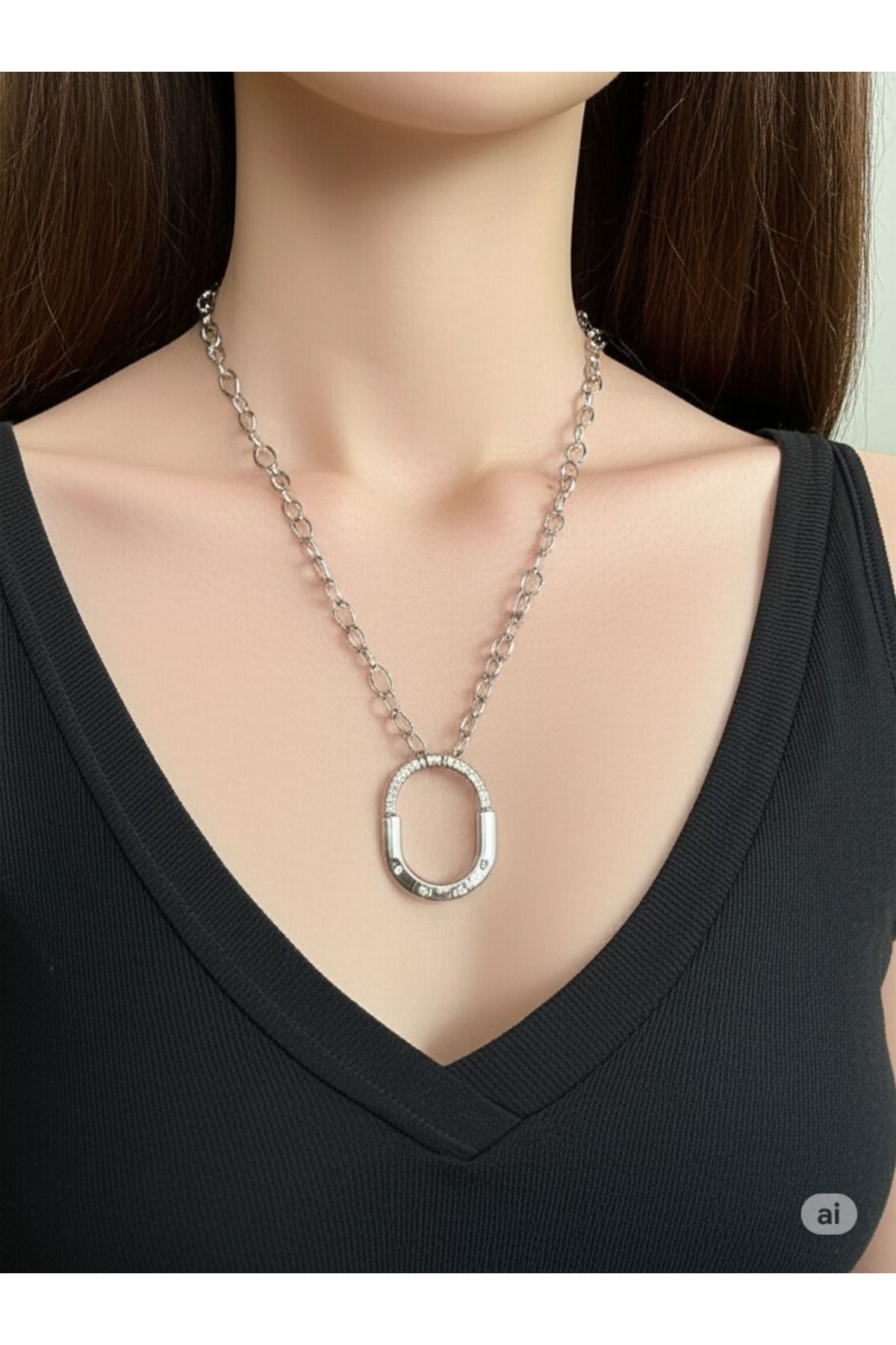 FAMEMUS ACCESSORY Zirkon Taş Detaylı Halka Model Kadın Çelik Kolye