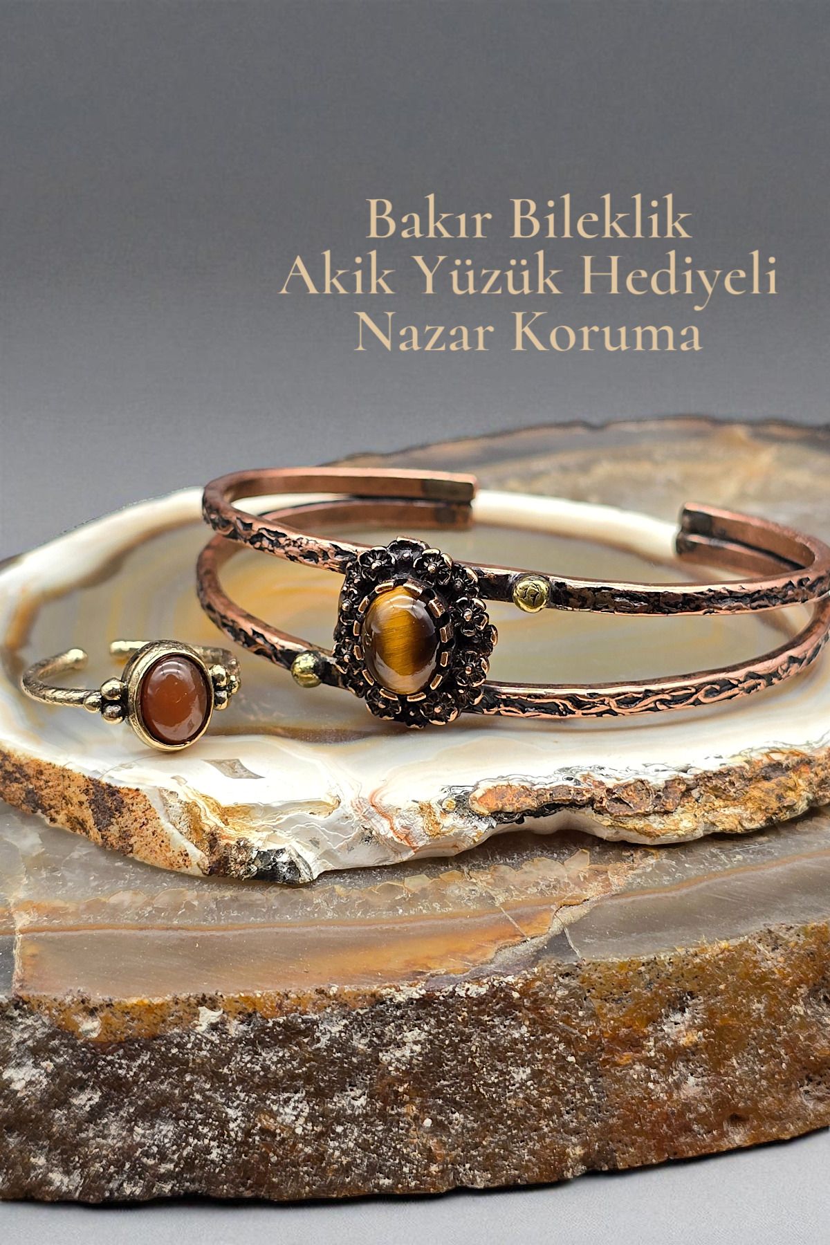 NBS Beautiful Naturel Stones Bakır Saf Bileklik Kaplan ( Yüzük Hediyeli ) Ayarlanabilir Özel Tasarım Çok Kaliteli (Hediye, Günlük