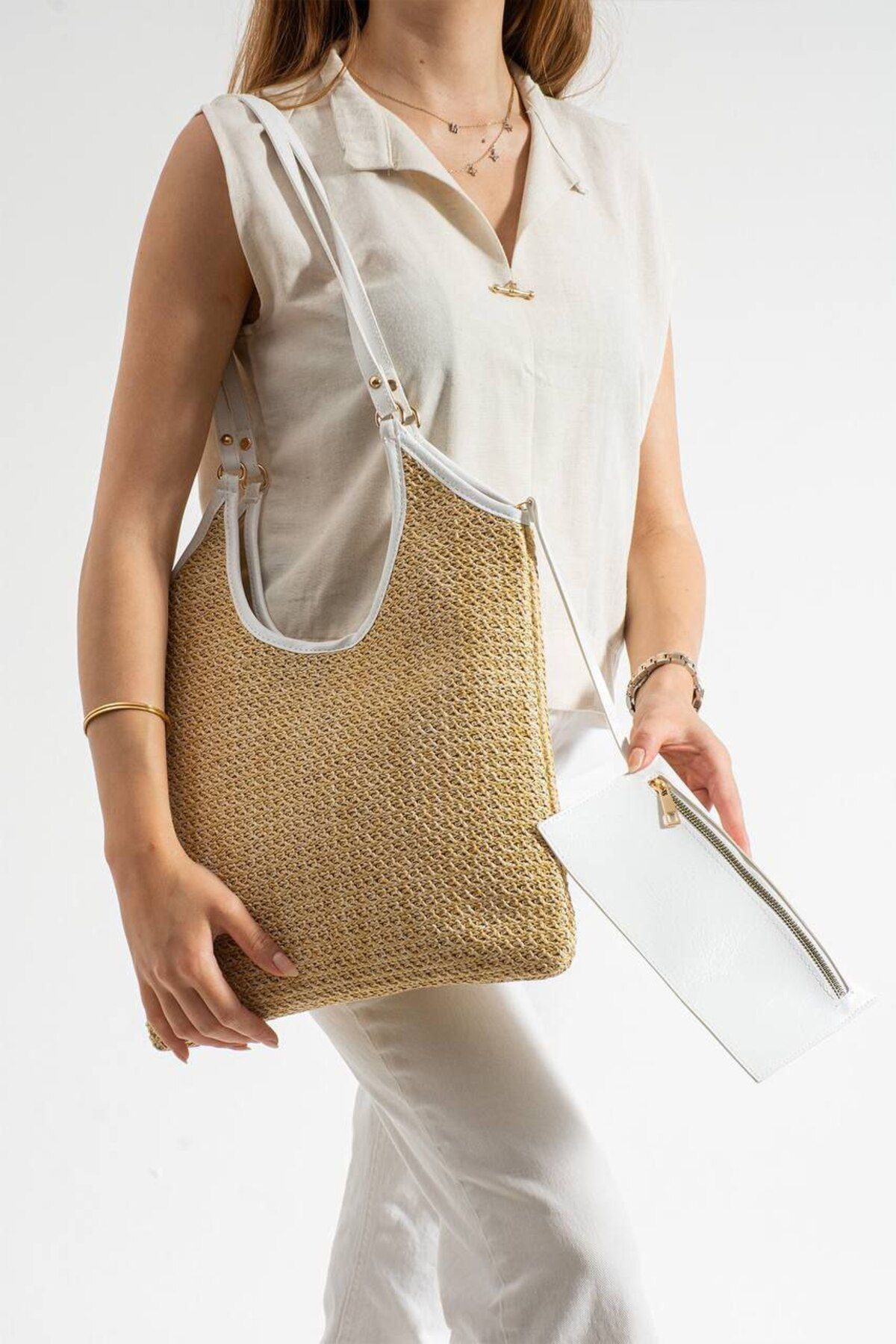 BK Bags & Accessories Hasır Omuz Çanta & Deri Detaylı Mini Cüzdanlı Yazlık Model