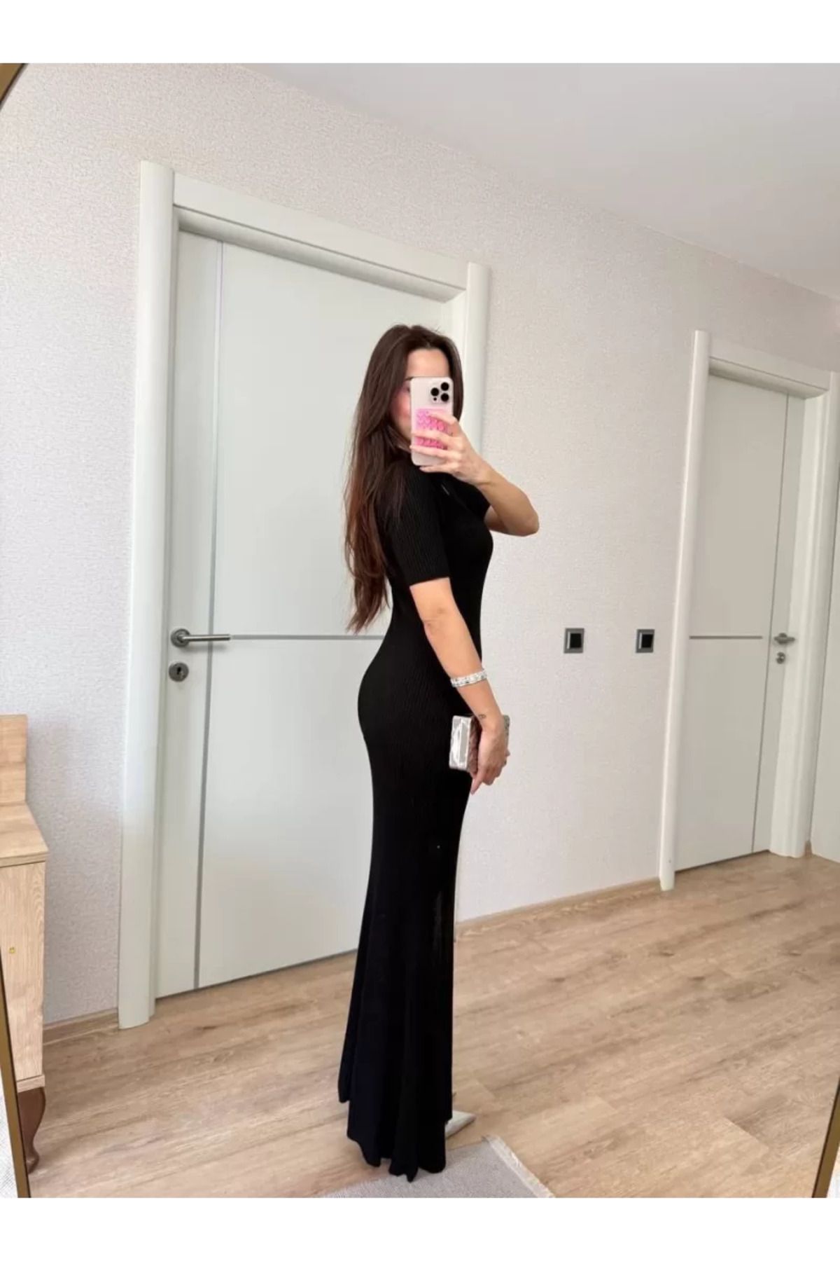 ruum fashions Yakalı Fitilli Kısa kollu Uzun Triko Elbise