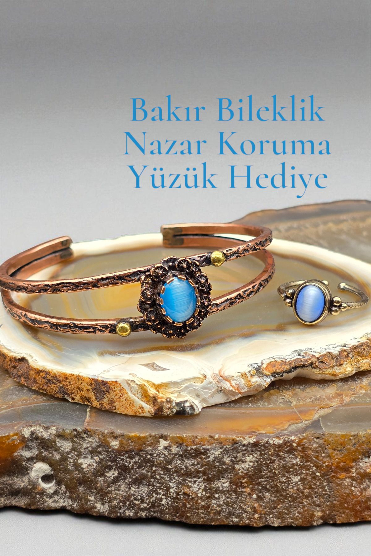 NBS Beautiful Naturel Stones Bakır Saf Bileklik Kedi Göz Mavi ( Yüzük Hediyeli ) Ayarlanabilir Özel Tasarım Çok Kaliteli