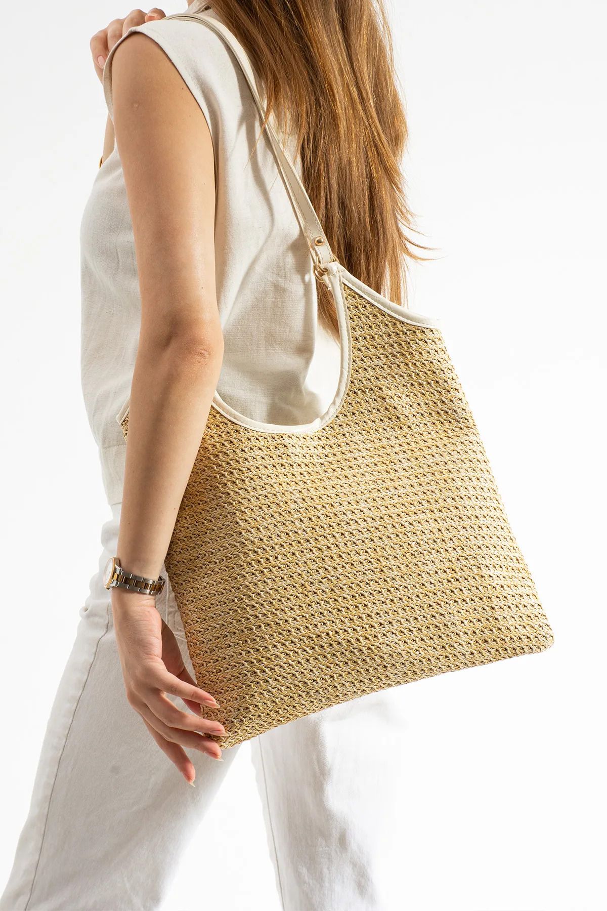BK Bags & Accessories Hasır Omuz Çanta & Deri Detaylı Mini Cüzdanlı Yazlık Model