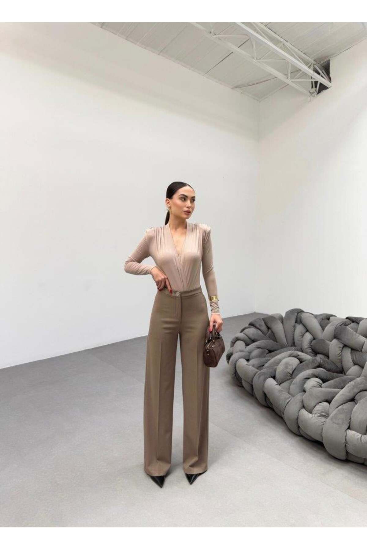 modamtn 230 Gr Poly Viscose Lycra Metal Düğme Palazzo Pantolon