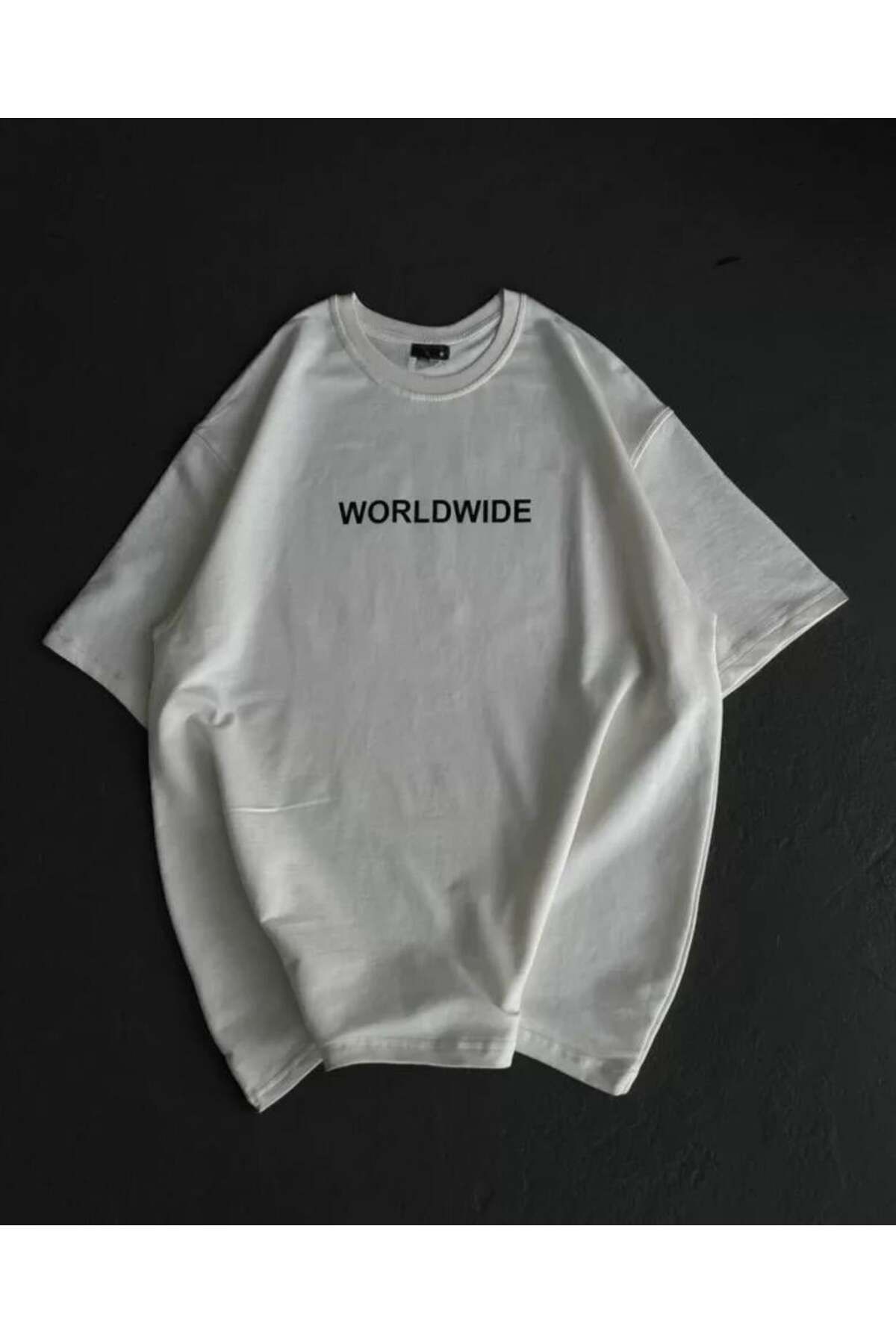 modamtn Unisex Bisiklet Yaka Baskılı Oversize T-Shirt - Beyaz
