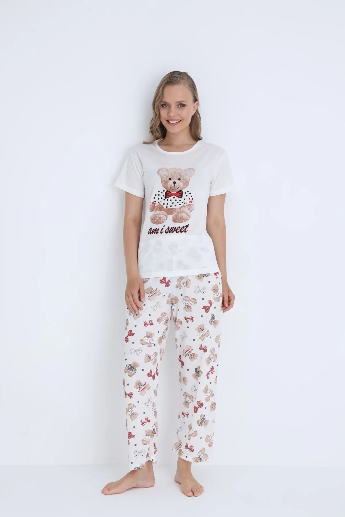 PAKETLENDİ Kadın Pamuklu Pijama Takımı DESEBLİ