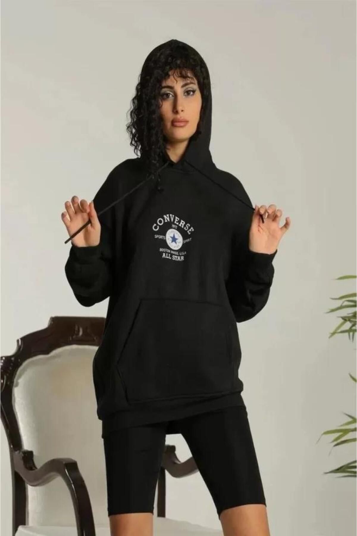 modamtn Unisex Kapüşonlu Üç İplik Oversize Baskılı Sweatshirt - Siyah