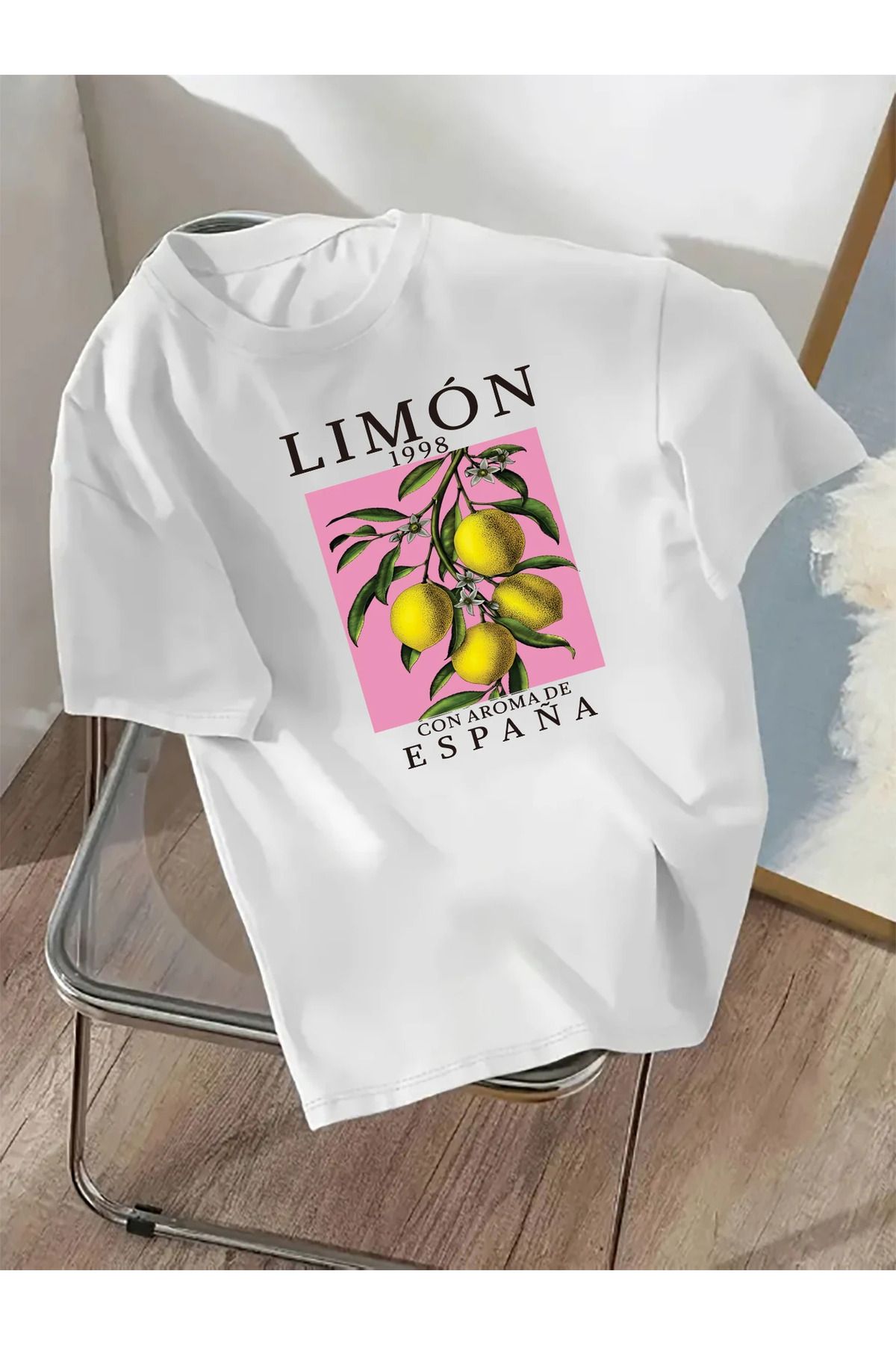 AEMİ Unisex Limon Baskılı Oversize Bisiklet Yaka T-shirt