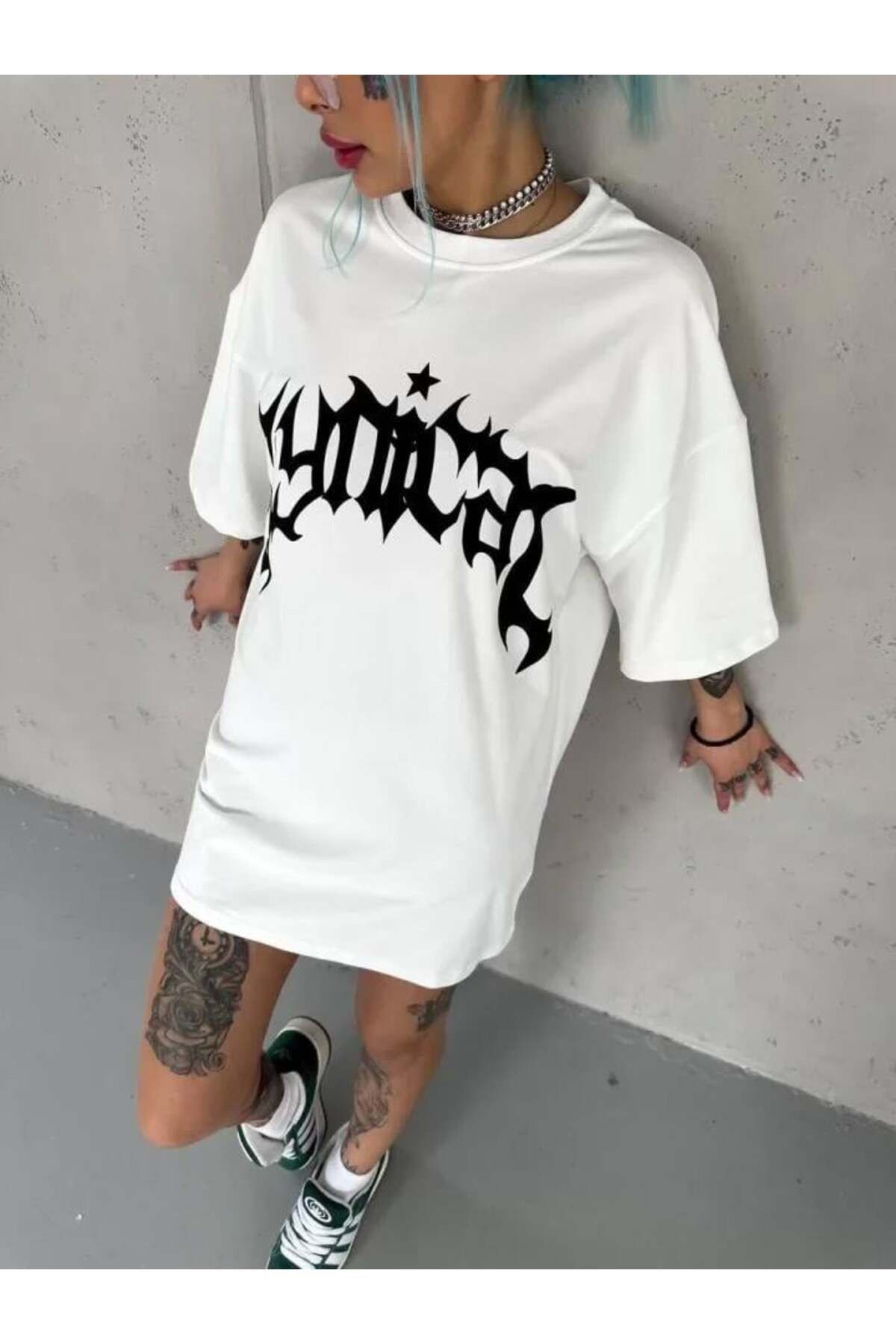 modamtn Unisex Bisiklet Yaka Baskılı Oversize T-Shirt - Beyaz