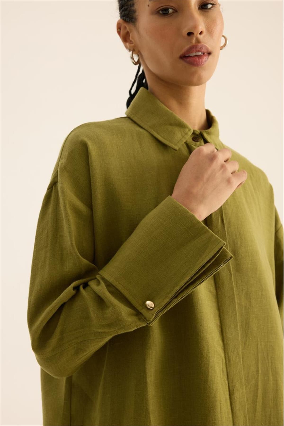 ALYOSHA FASHION Geniş Manşetli %100 Keten TuniK Haki