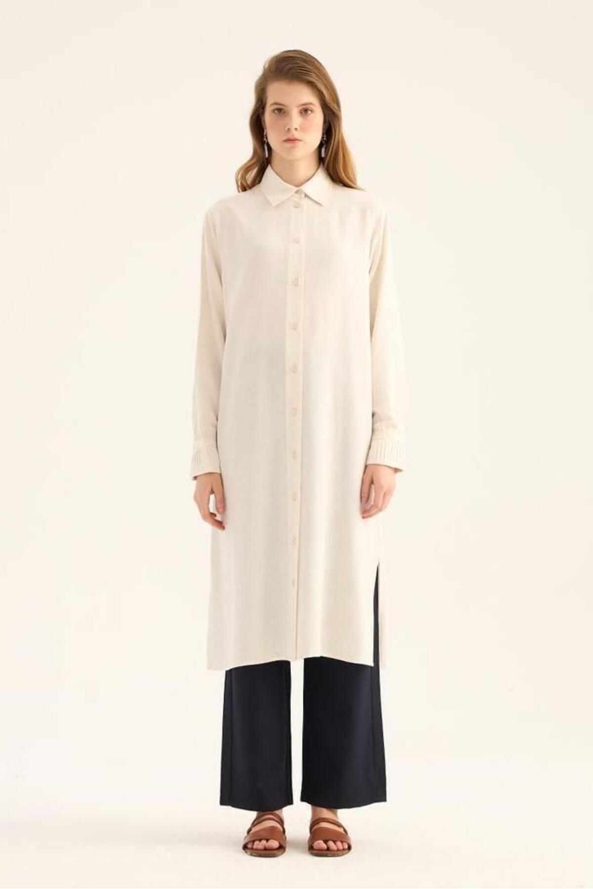 ALYOSHA FASHION Manşeti Nervürlü Tunik Naturel