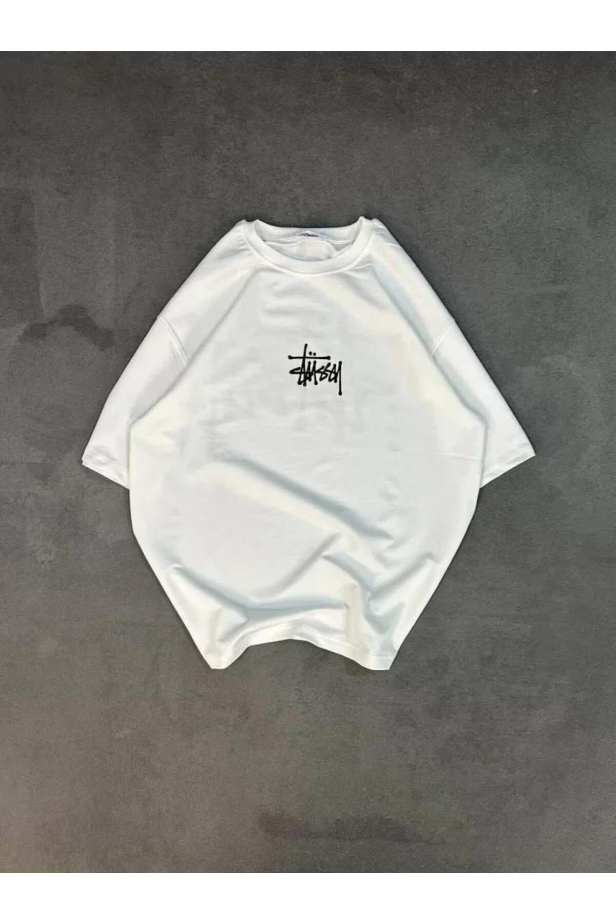 modamtn Unisex Bisiklet Yaka Baskılı Oversize T-Shirt - Beyaz