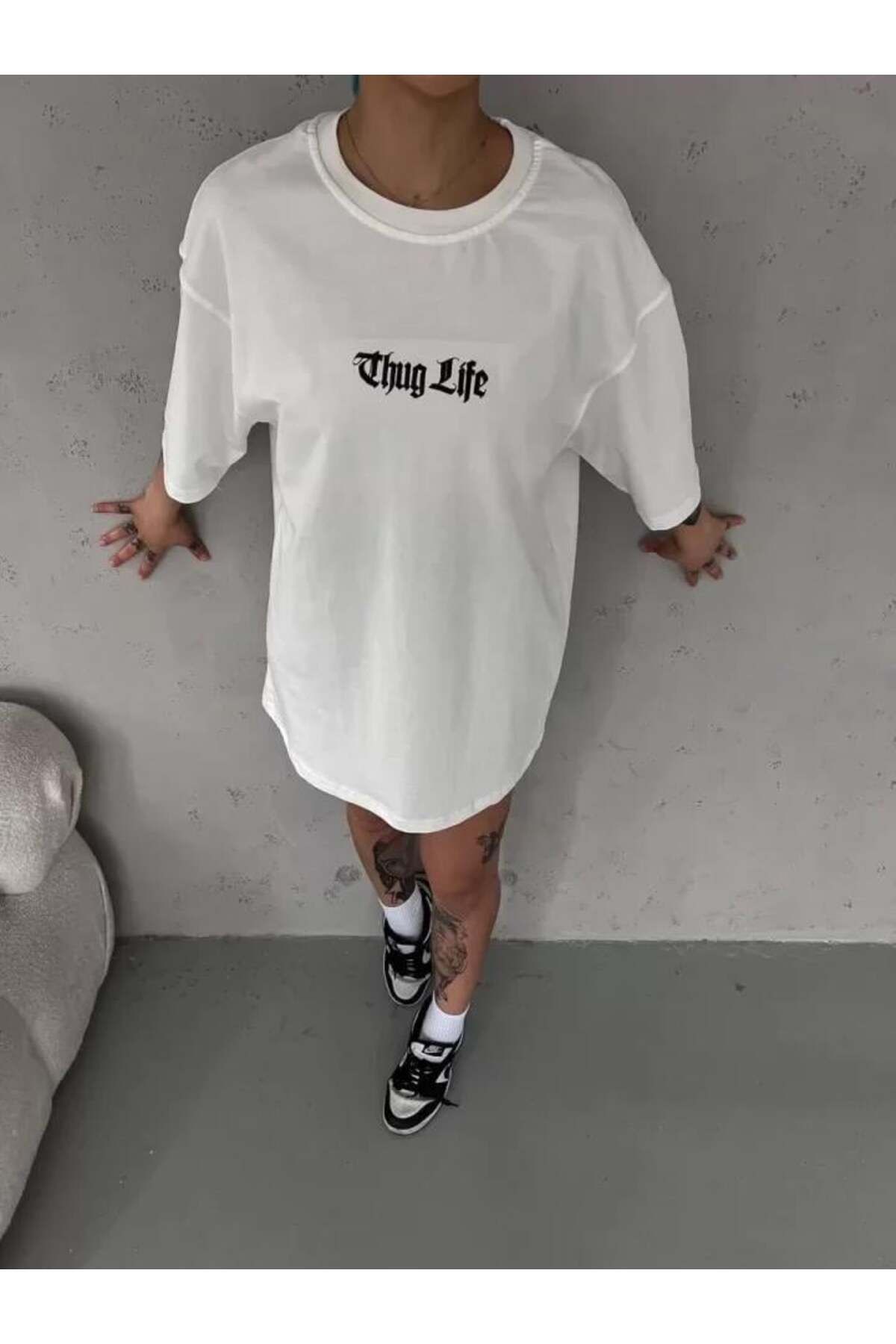 modamtn Unisex Bisiklet Yaka Baskılı Oversize T-Shirt - Beyaz