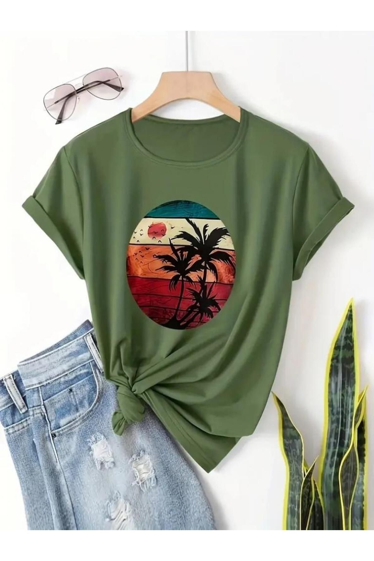modamtn Kadın Kısa Kollu Palmiye Baskılı Viskon T-shirt