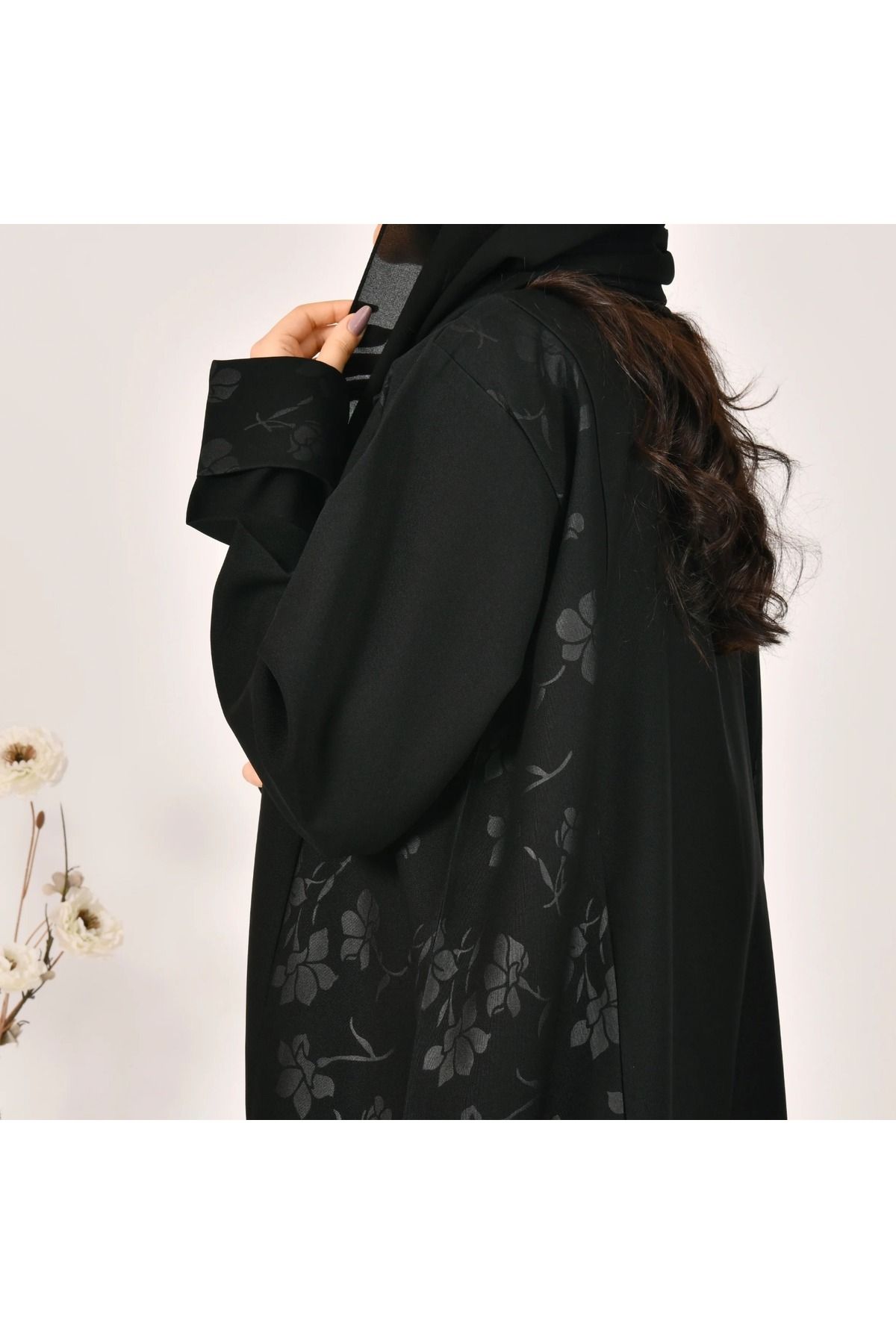 Beyond-Abaya wrap blazer, quarter-cloche, with a combination of patterned fabric 4