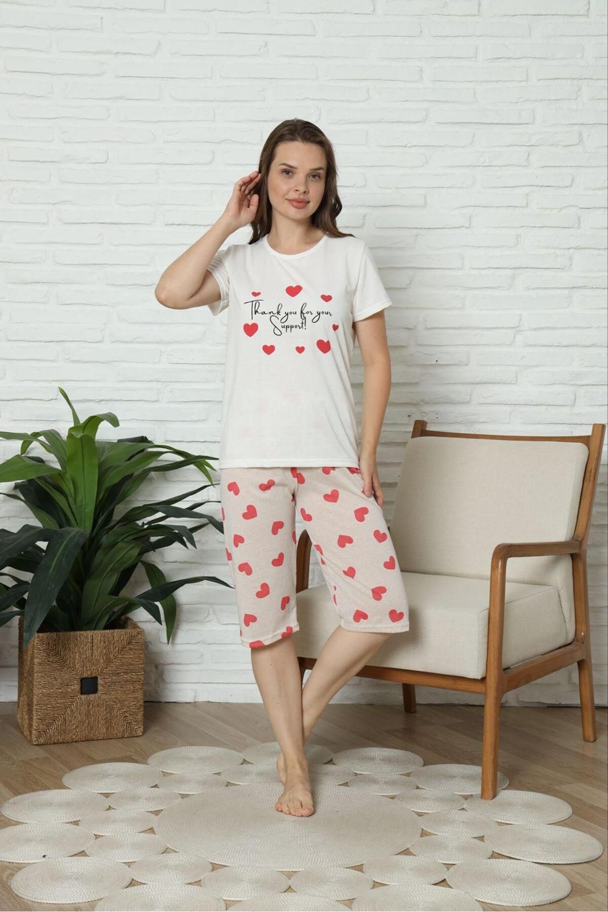 meynur moda Pamuklu Penye Kapri Pijama Takımı