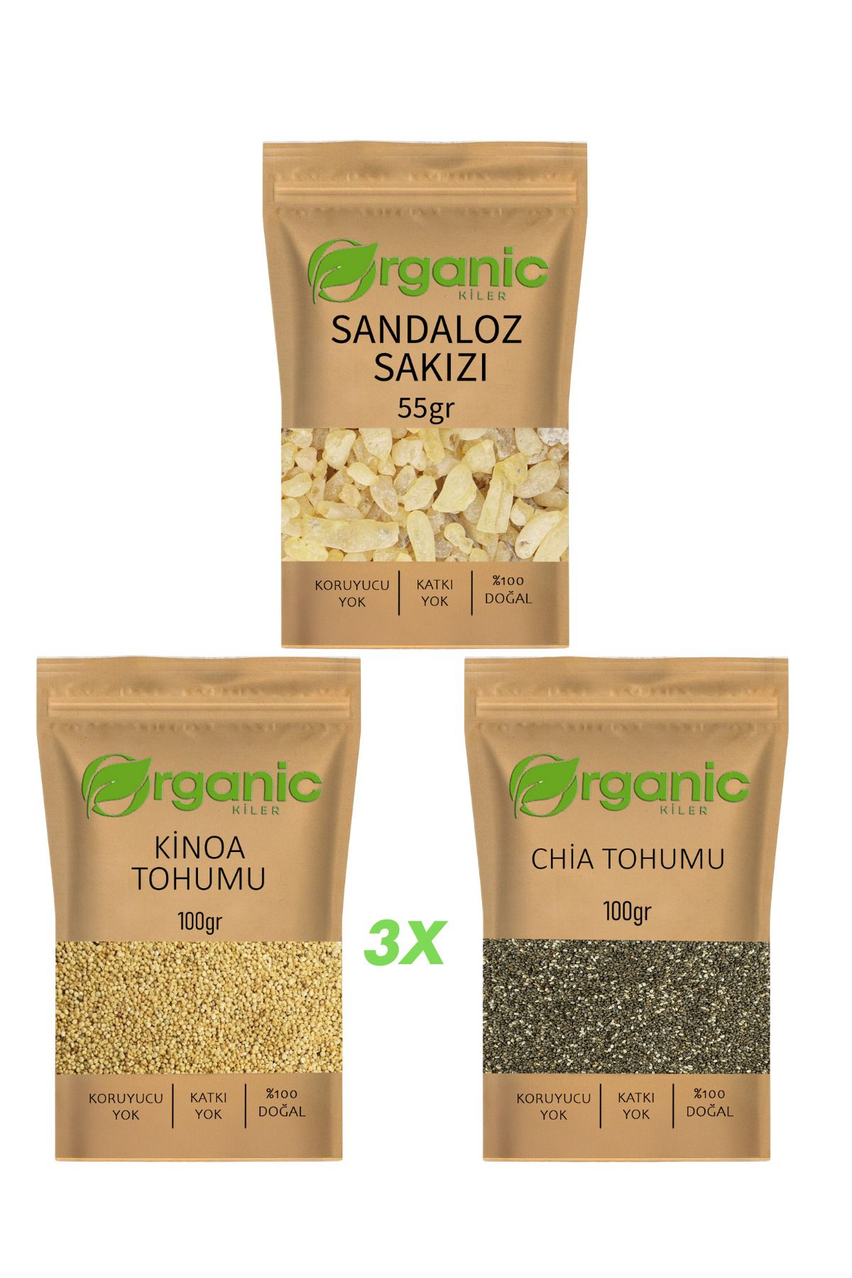 Organic Kiler Üçlü Doğal Set Sandaloz Sakızı 55g + Kinoa Tohumu 100g + Chia Tohumu 100g