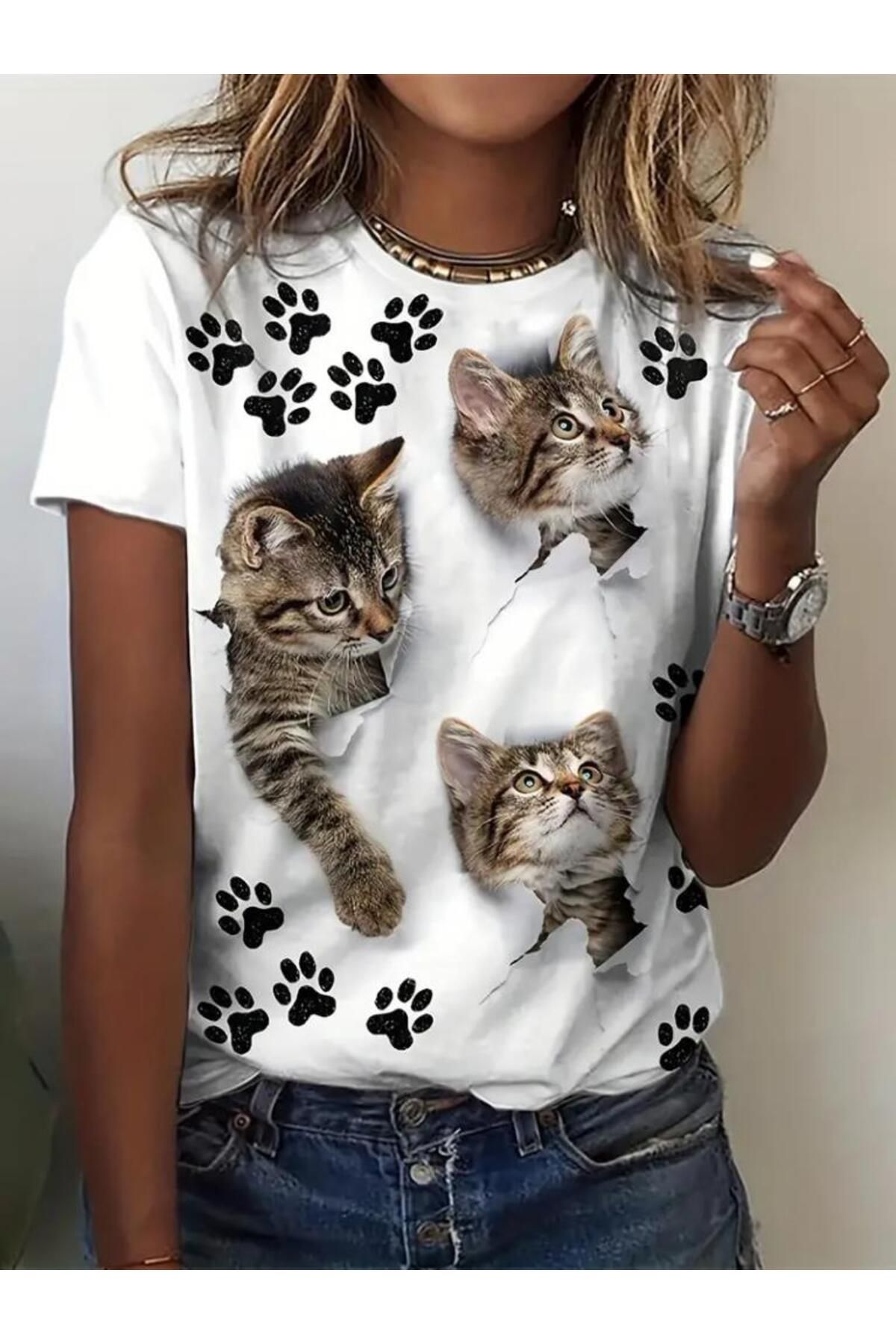 modamtn Kadın Kısa Kollu Kedi Ve Pati Baskılı Süprem T-shirt