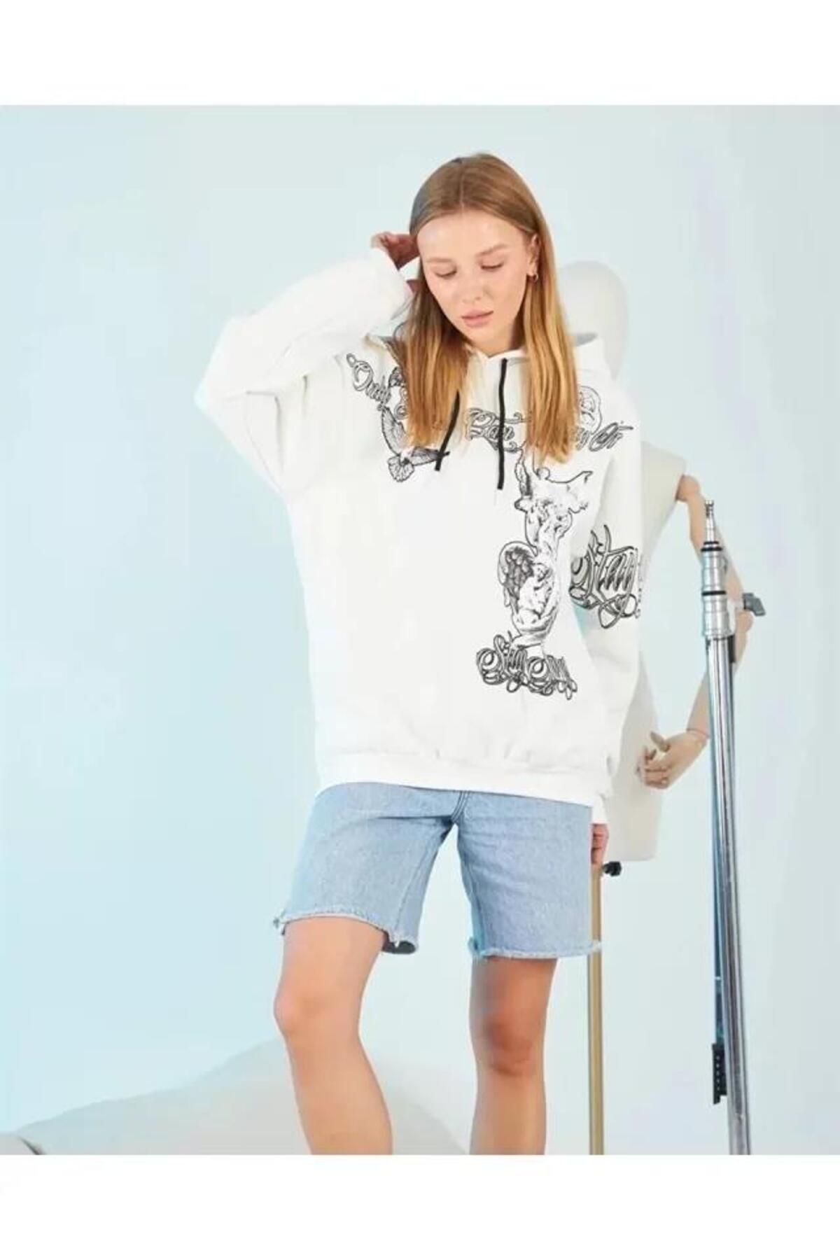 modamtn Kapüşonlu Strong Heykel Baskılı Sweatshirt - Beyaz
